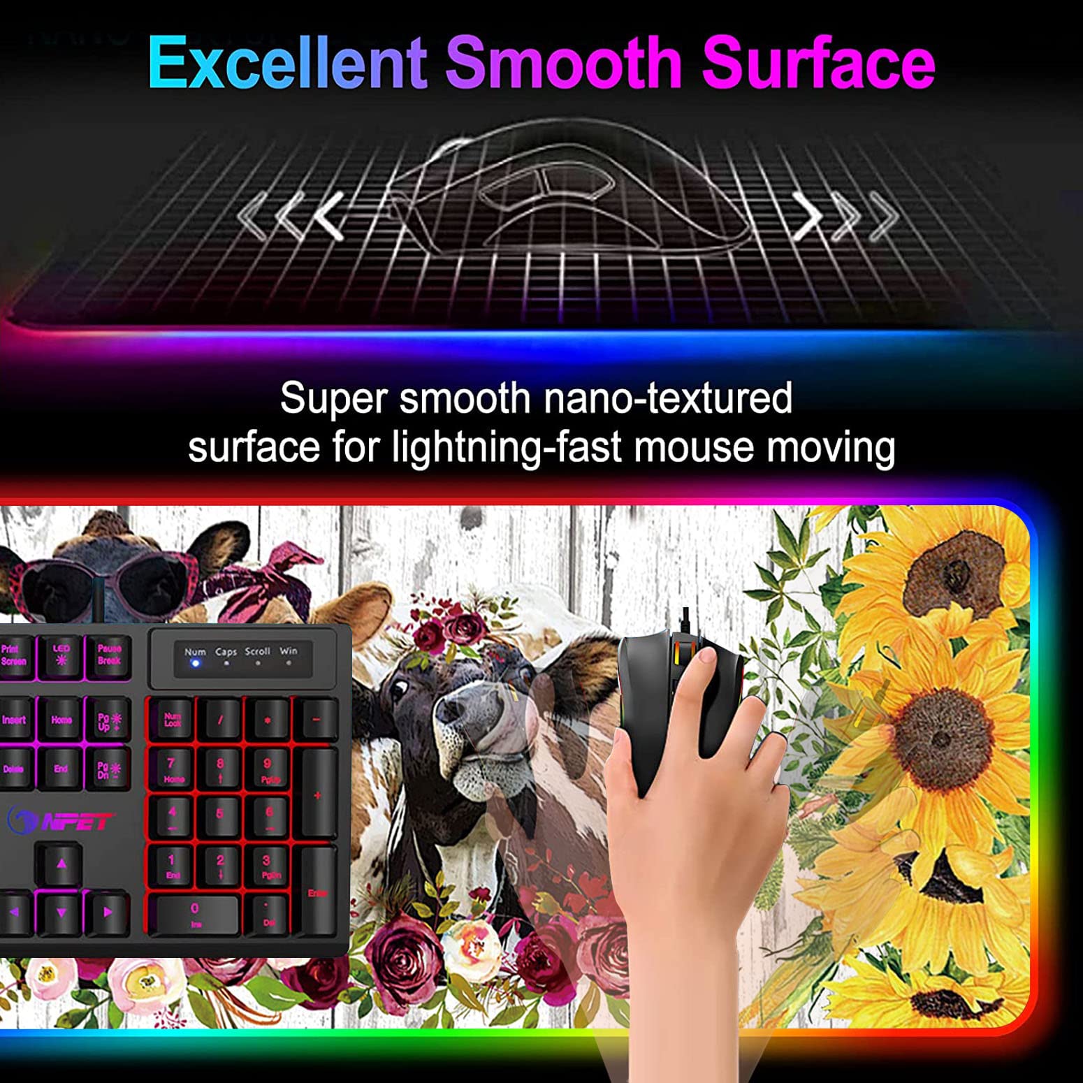 RGB Gaming Mouse Pad - Large LED Light-Up Desk Mat with Non-Slip Base | Waterproof Optical Surface for PC Gaming | Perfect for Gamers & Office Work | Sunflower & Cow Animal Designs