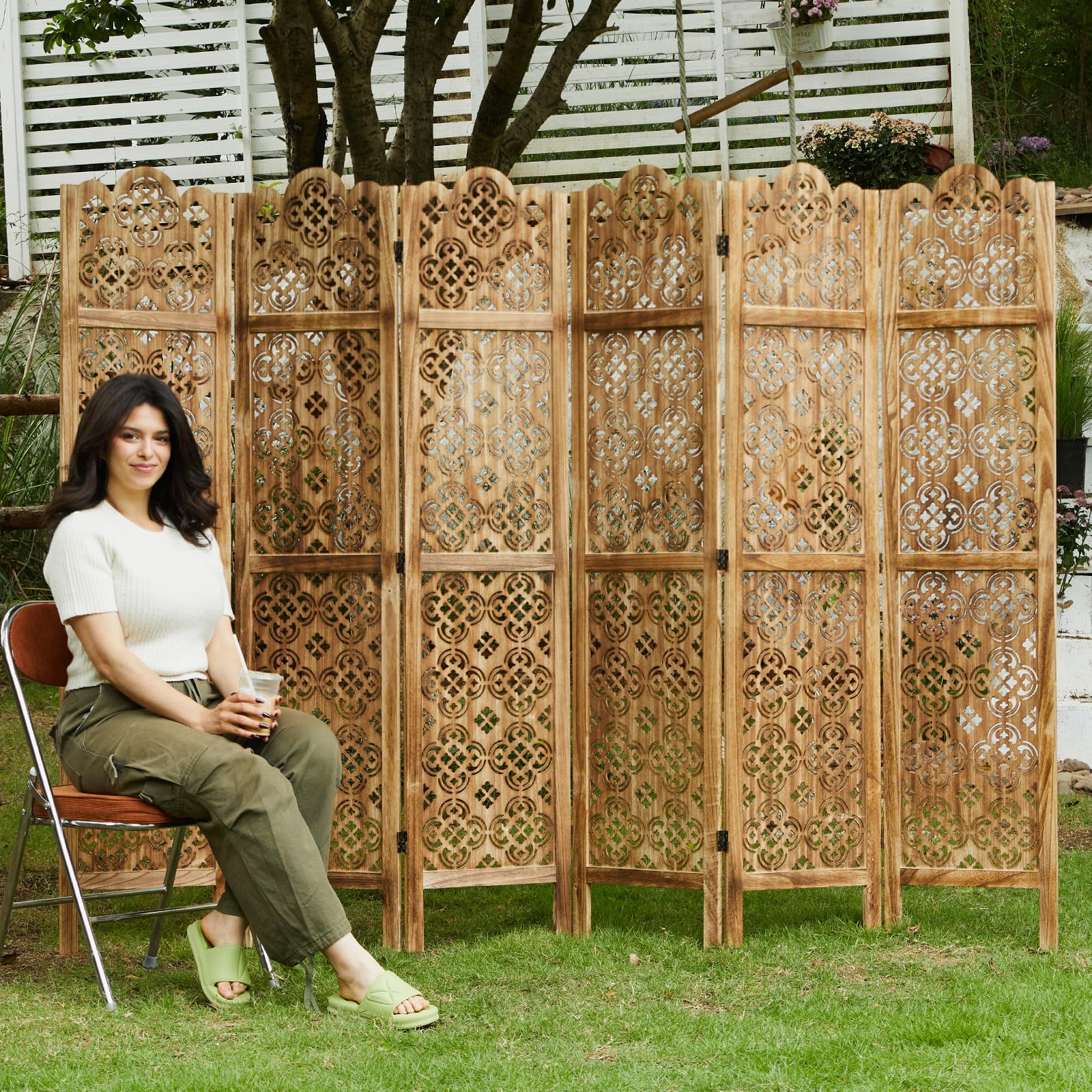 5.75Ft Wooden Room Divider - Hand Carved Folding Partition Screen for Home, Office, Garden & Terrace - 6 Panel Portable Privacy Screen (Antique Brown) | Perfect for Creating Private Spaces, Home Decor, and Room Separation