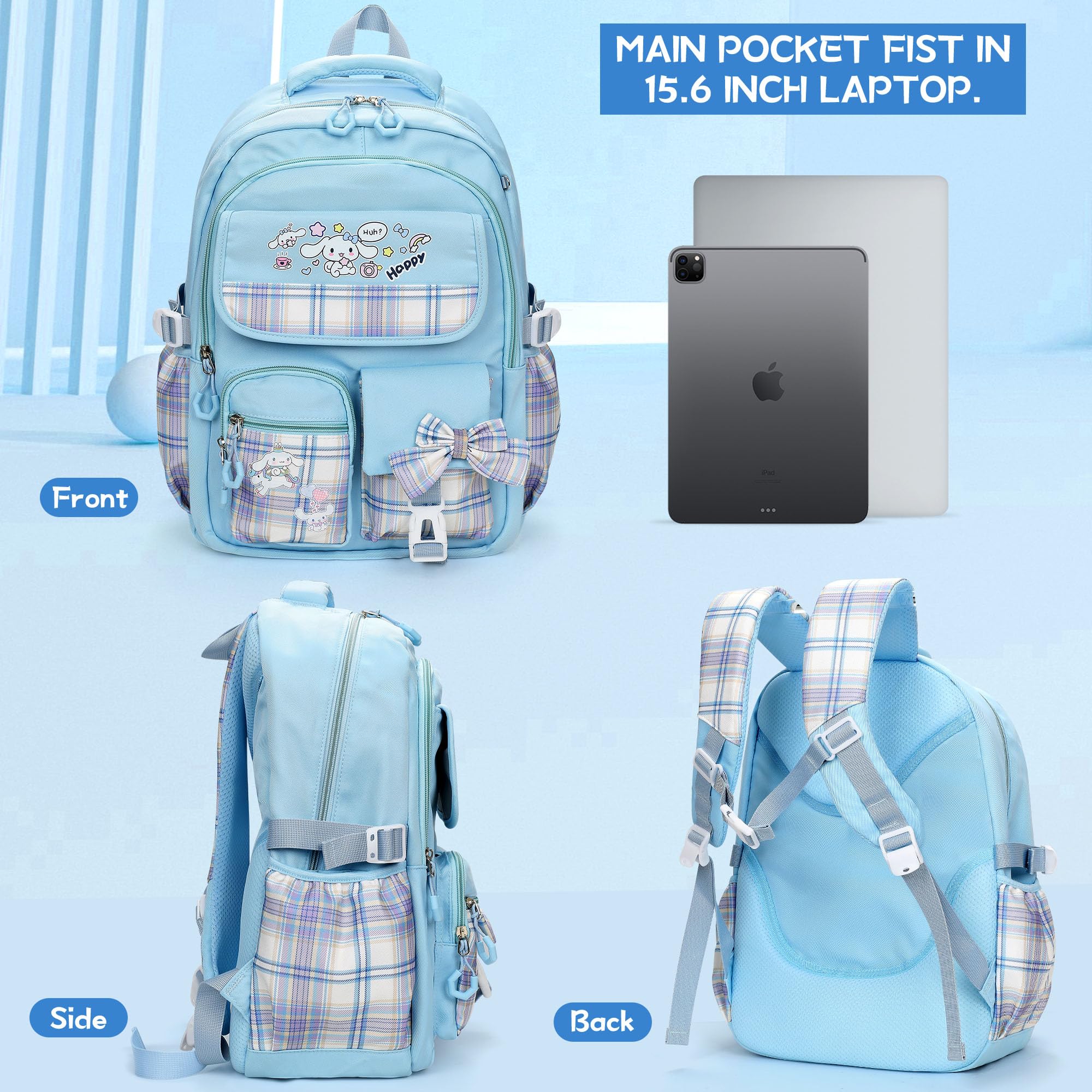 Anime School Backpack for Girls with 14Pcs Accessories - Anti-Theft Laptop Bookbag for Travel & School (Blue)