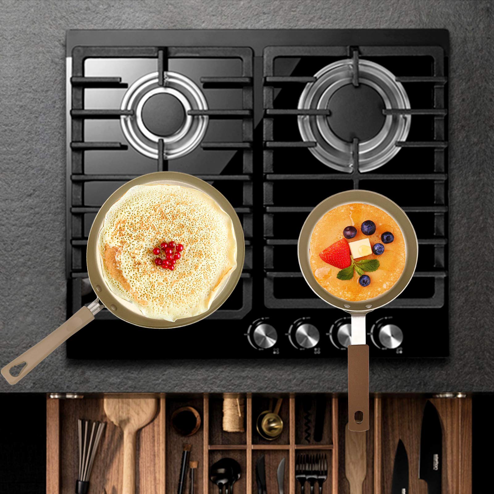 Nonstick Carbon Steel Crepe Pan - 8 Inch Induction Compatible Pancake & Omelette Skillet with Accessories - Perfect for Making Crepes, Pancakes, Burritos, Tacos, Tortillas & Omelets - Ideal for Breakfast, Brunch & Family Cooking