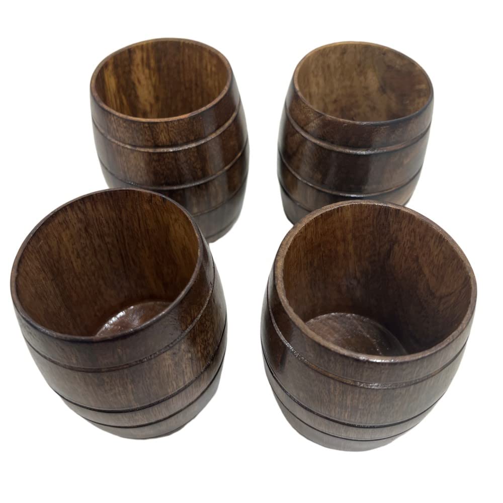 Premium Handmade Wooden Barrel-Shaped Tea Mugs - Set of 4 Natural Solid Wood Drinking Cups for Coffee, Tea & Hot Beverages - Rustic Home Decor & Gift Idea for Tea Lovers