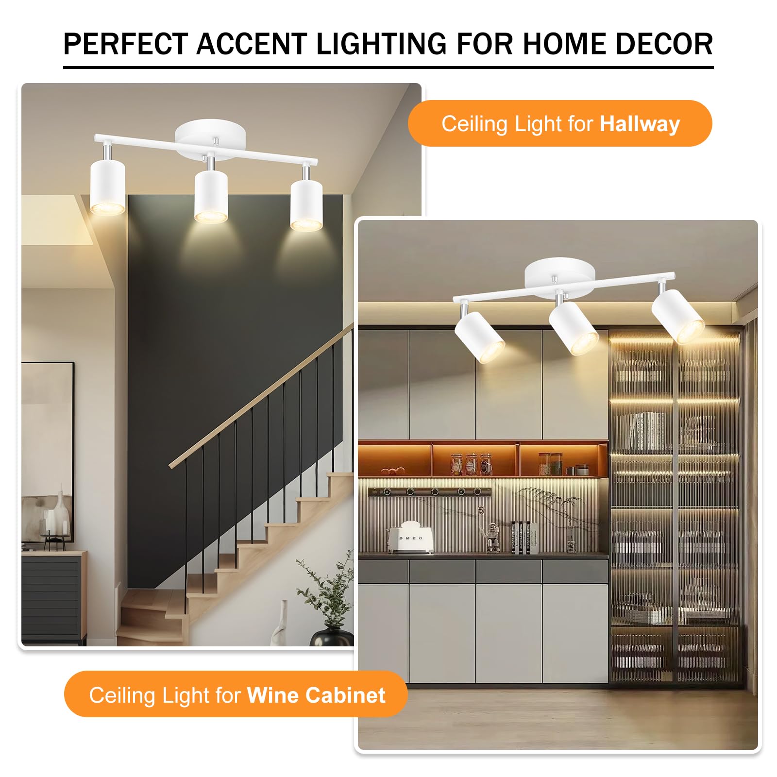 Modern White 3-Light LED Track Lighting Kit - Adjustable Rotating Spotlight Heads for Kitchen, Cabinet, Gallery, Bar & Living Room | Energy Efficient Industrial Ceiling Light Fixture for Home & Commercial Spaces