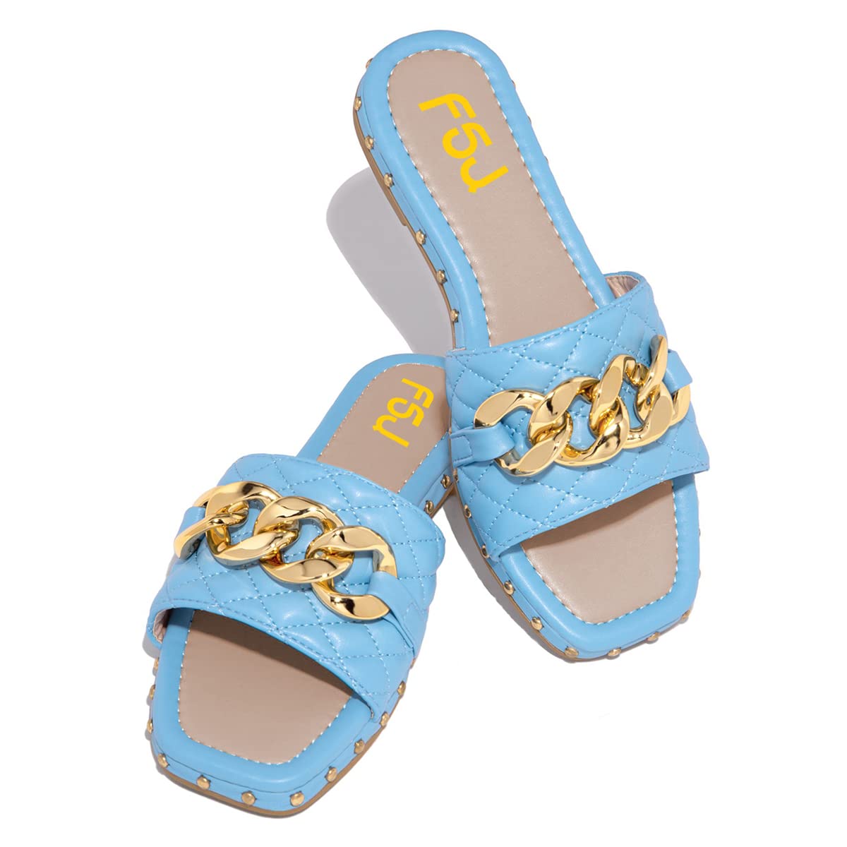 FSJ Women's Fashion Square Toe Flat Sandals with Gold Chain & Studded Checkered Strap - Comfortable Thick Sole Cushion Slides for Summer - Size 4-15 US - Perfect for Beach, Vacation & Casual Outings