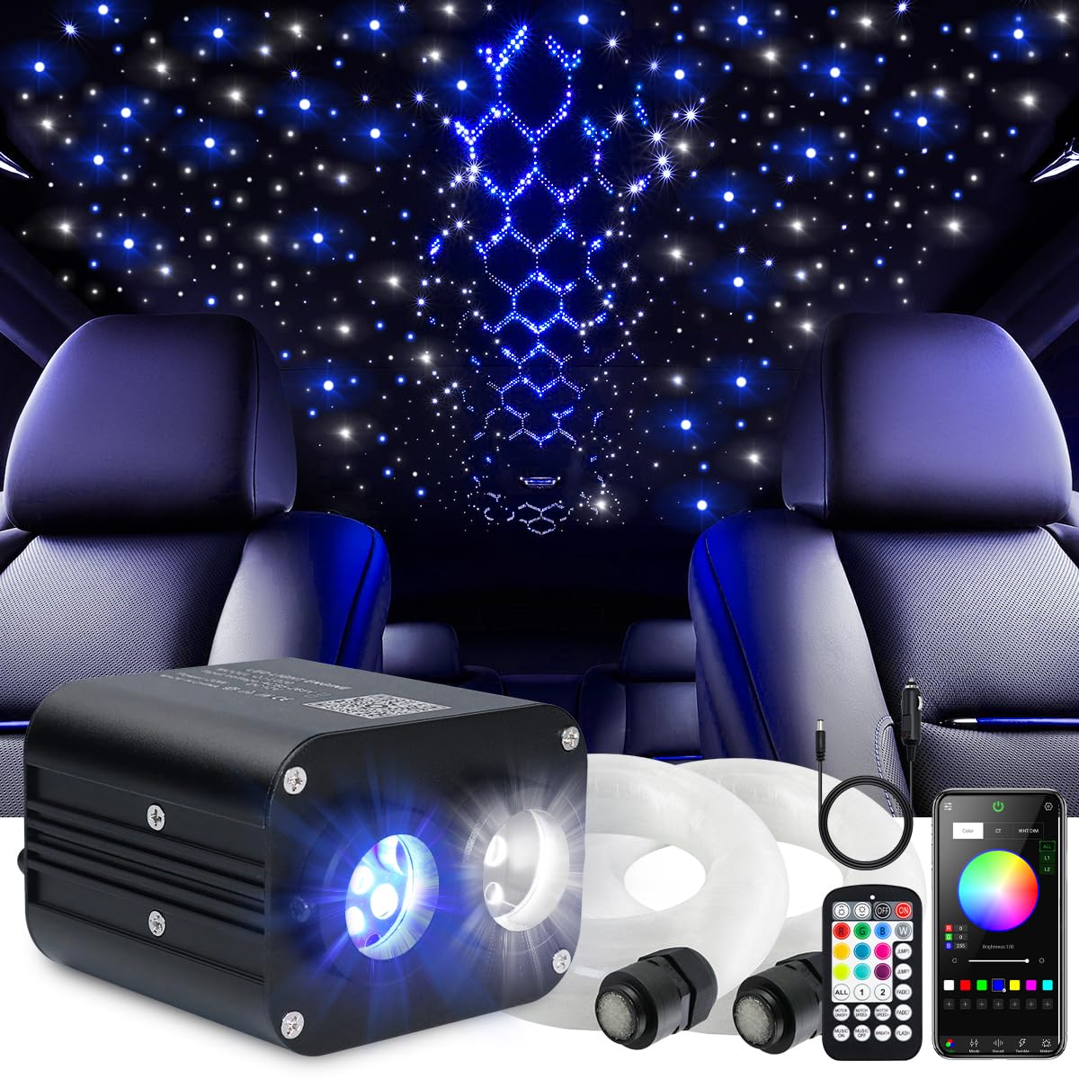 Dual Color Car Starlight Headliner Kit - Twinkle & Sound Activated RGBW 20W Fiber Optic Lights with Bluetooth APP & Remote Control (900pcs 0.03in 9.8ft) - Star Ceiling Lights for Car Interior Decor | Perfect for Night Driving, Parties & Custom Car Lighting