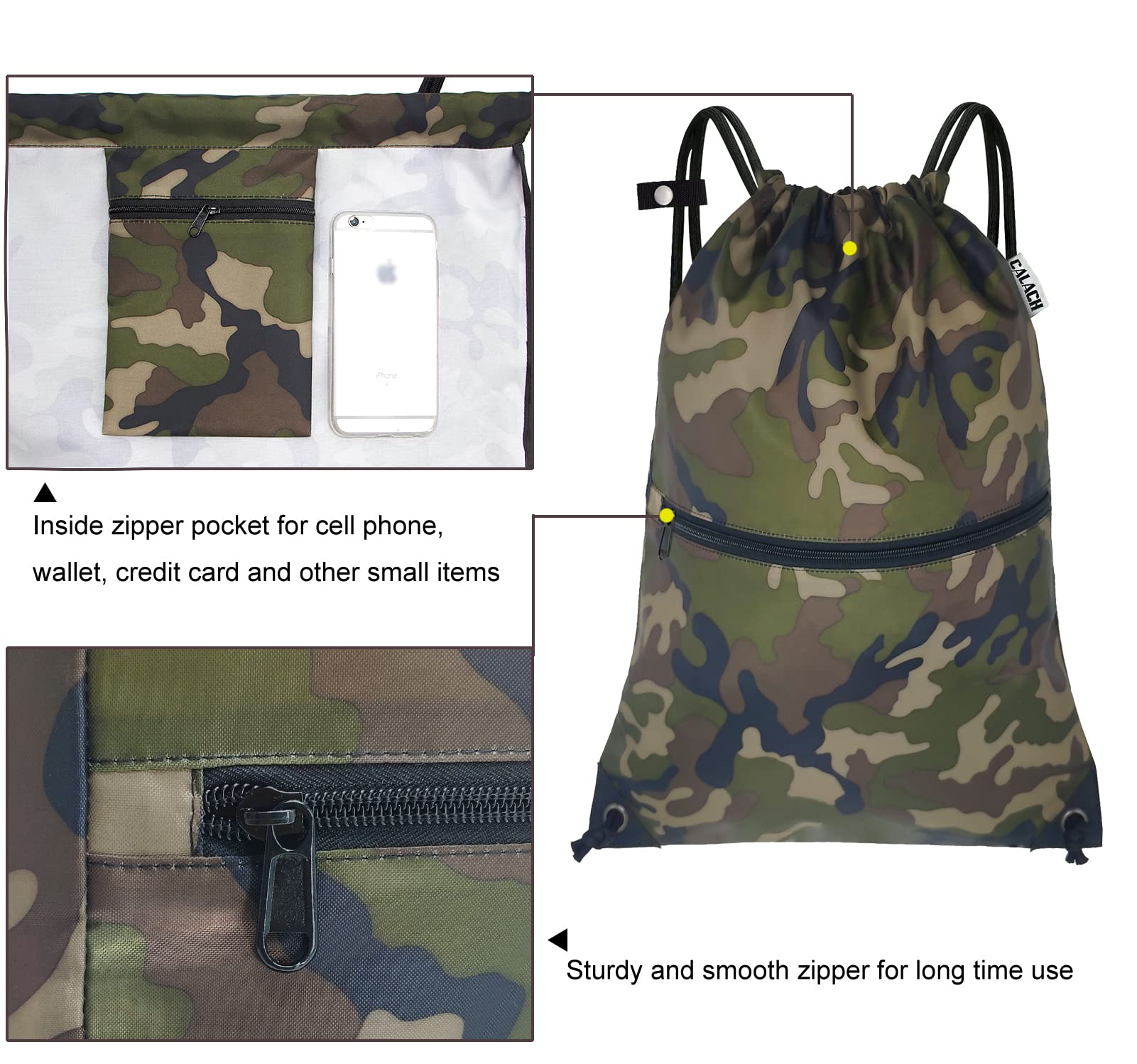 Large Drawstring Backpack for Gym & Sports - Water-Resistant Green Camo Backpack with Front & Inner Zipper Pockets for Keys & Phone - Perfect for Workout, Travel & School (Unisex Men & Women)