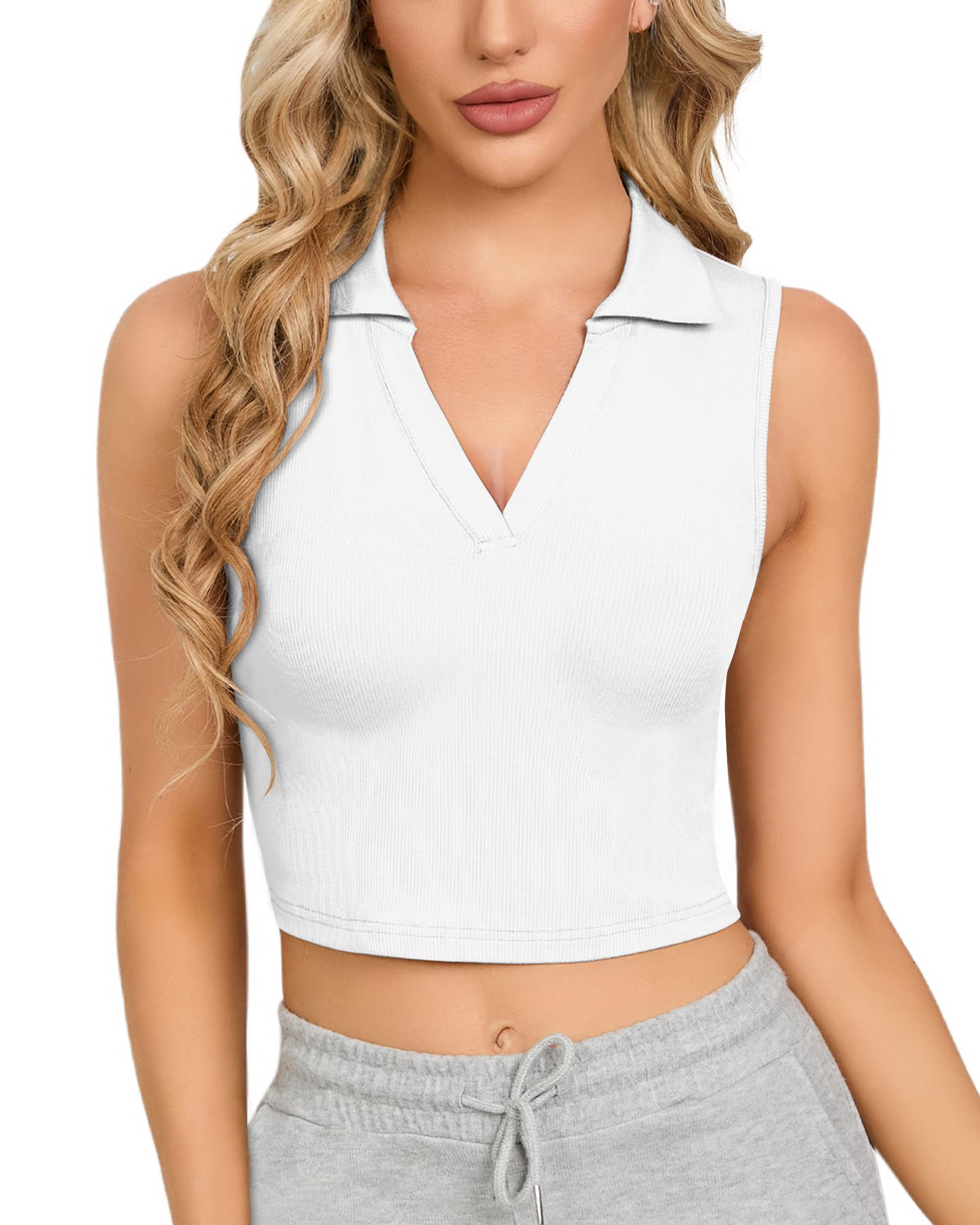 CLOZOZ Women's Polo Crop Top - V Neck Ribbed Sleeveless Collar Shirt, Trendy Summer Casual Wear for Outfits, Gym, Beach & Daily Fashion