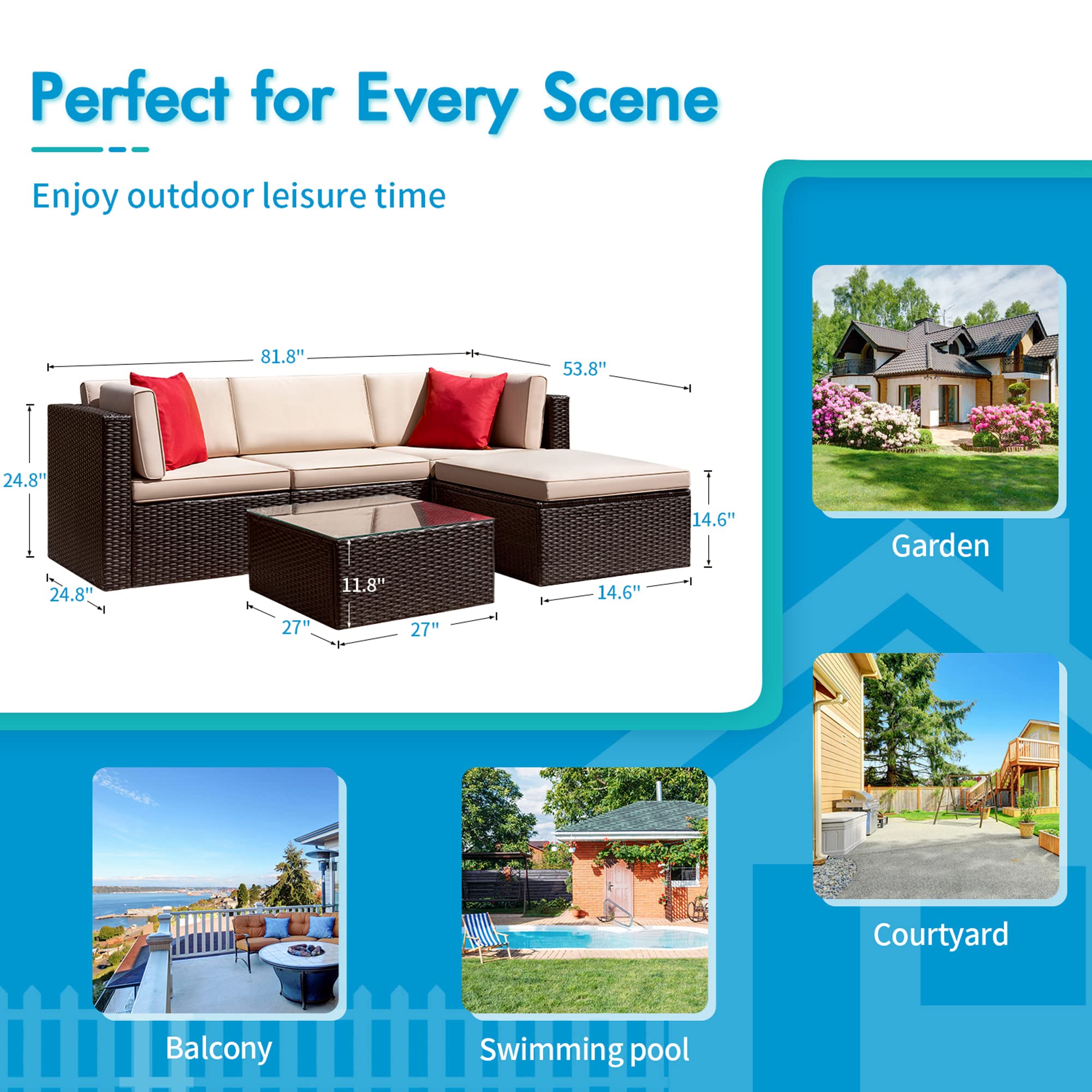 Rankok 5-Piece Outdoor Patio Furniture Set - PE Rattan Wicker Sectional Sofa with Cushions, Beige - Perfect for Garden, Lawn, Backyard & Poolside Relaxation