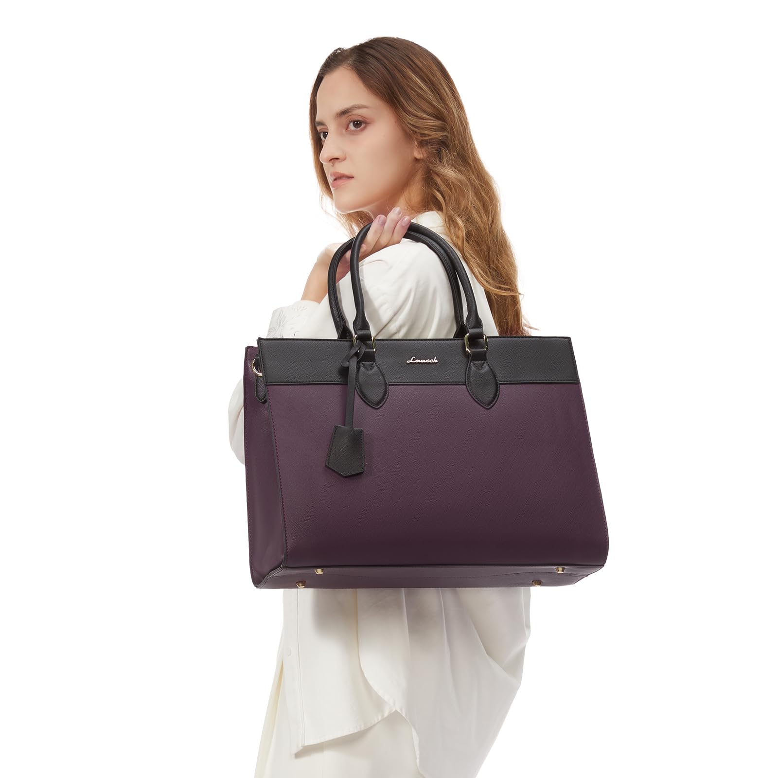 LOVEVOOK 15.6 Inch Waterproof Leather Laptop Bag for Women - Stylish Work Tote Purse & Professional Office Briefcase (Purple-Black) - Perfect for Business Travel, Commuting & Daily Work Essentials