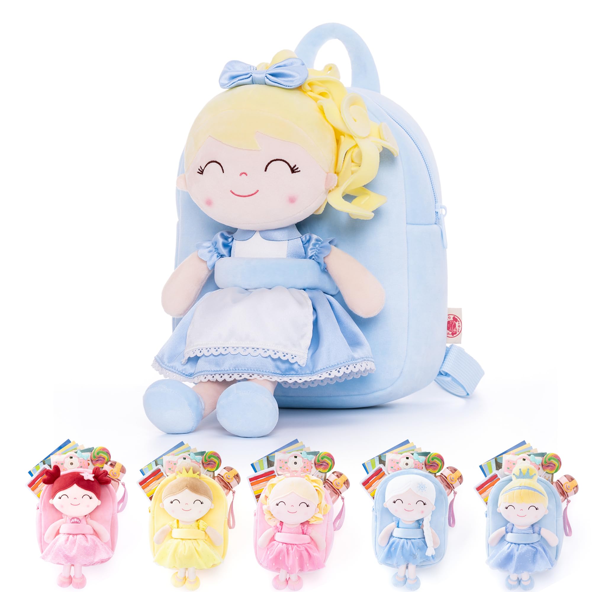 **Gloveleya Soft Plush Toddler Backpack for Girls - Cute Princess Alice Doll Backpack for Kids, Baby Girl Gifts (Blue, 9