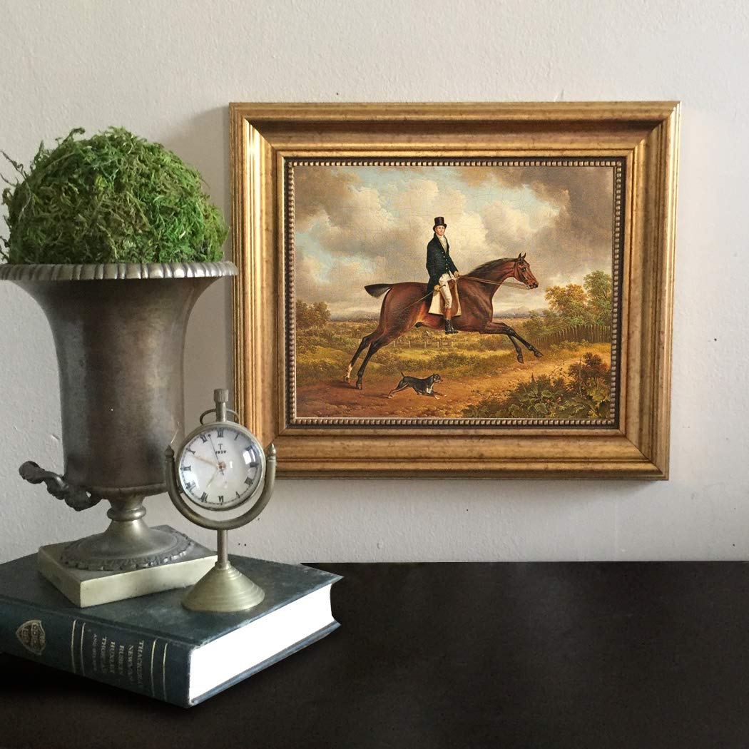 Schooner Bay Co. Charles Towne Down the Path 8 x 10 Inch Oil Painting Print on Canvas with Gold Frame - Equestrian Horse Hunter Terrier Sporting Wall Art for Living Room, Bedroom, or Office Décor - Ready to Hang