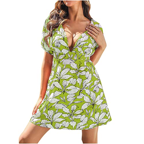 BONIXOOM Women's Summer Beach Dress - Sexy Deep V-Neck Mini Sundress with Lace-Up, A-Line Printed Short Sleeve for Casual Wear | Perfect for Vacation, Pool Party, and Date Night Outfits