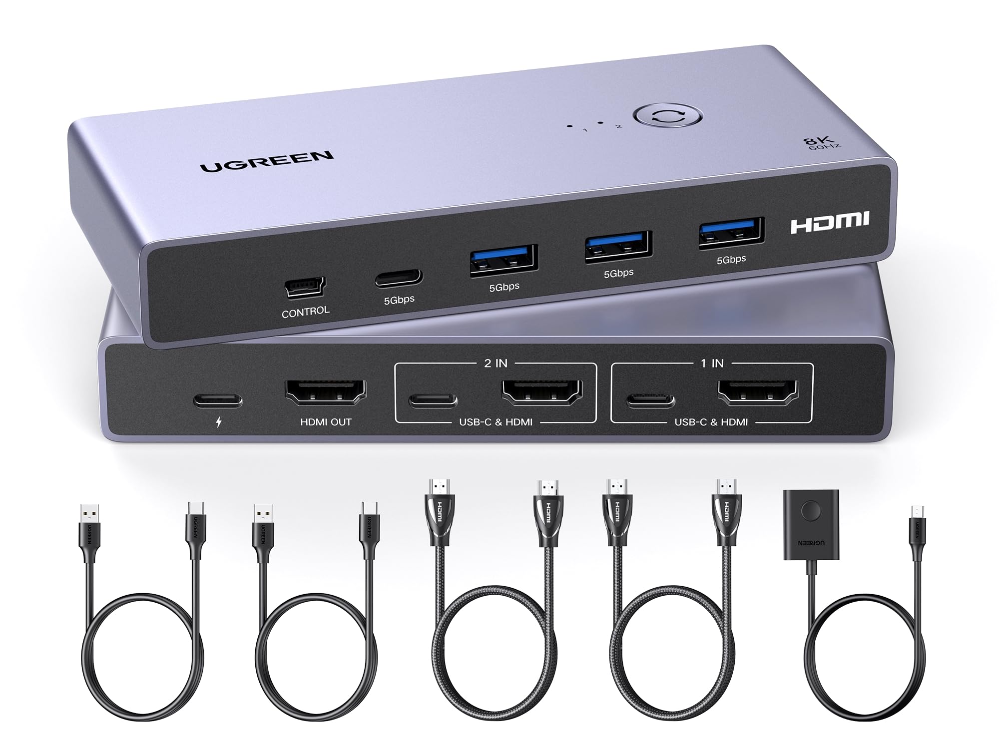 UGREEN 8K HDMI KVM Switch with 4 USB 3.0 Ports (3 USB-A + 1 USB-C) - 2 Computer Sharing for 1 Monitor, Keyboard, Mouse, Hard Drives & Printer - Includes 2 HDMI Cables, 2 USB Cables & Remote Controller - Perfect for Home Office, Gaming Setup & Multi-Device Workspaces