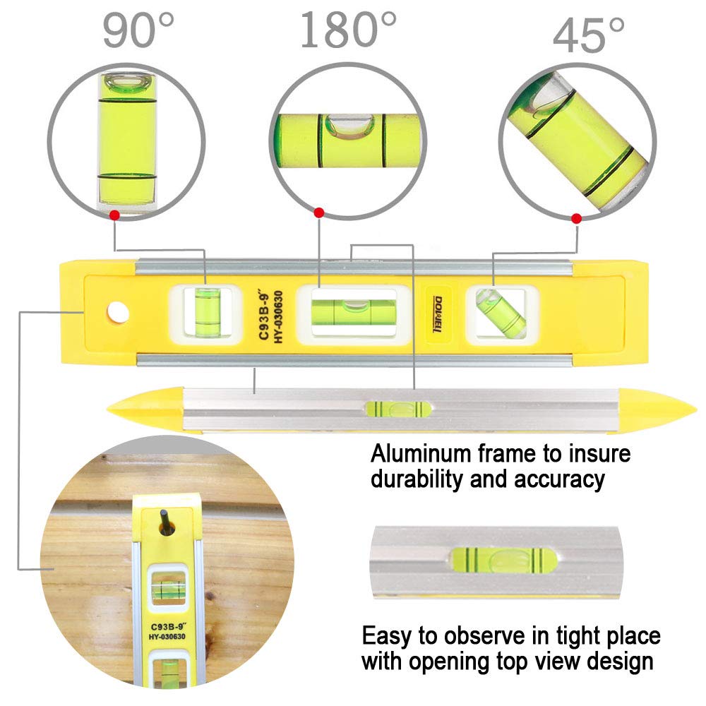 DOWELL 9 Inch Magnetic Box Torpedo Level (3 Pack) - 3 Vials (45°/90°/180°) Shock Resistant for Precise Measuring - Perfect for Construction, Carpentry, and DIY Home Projects
