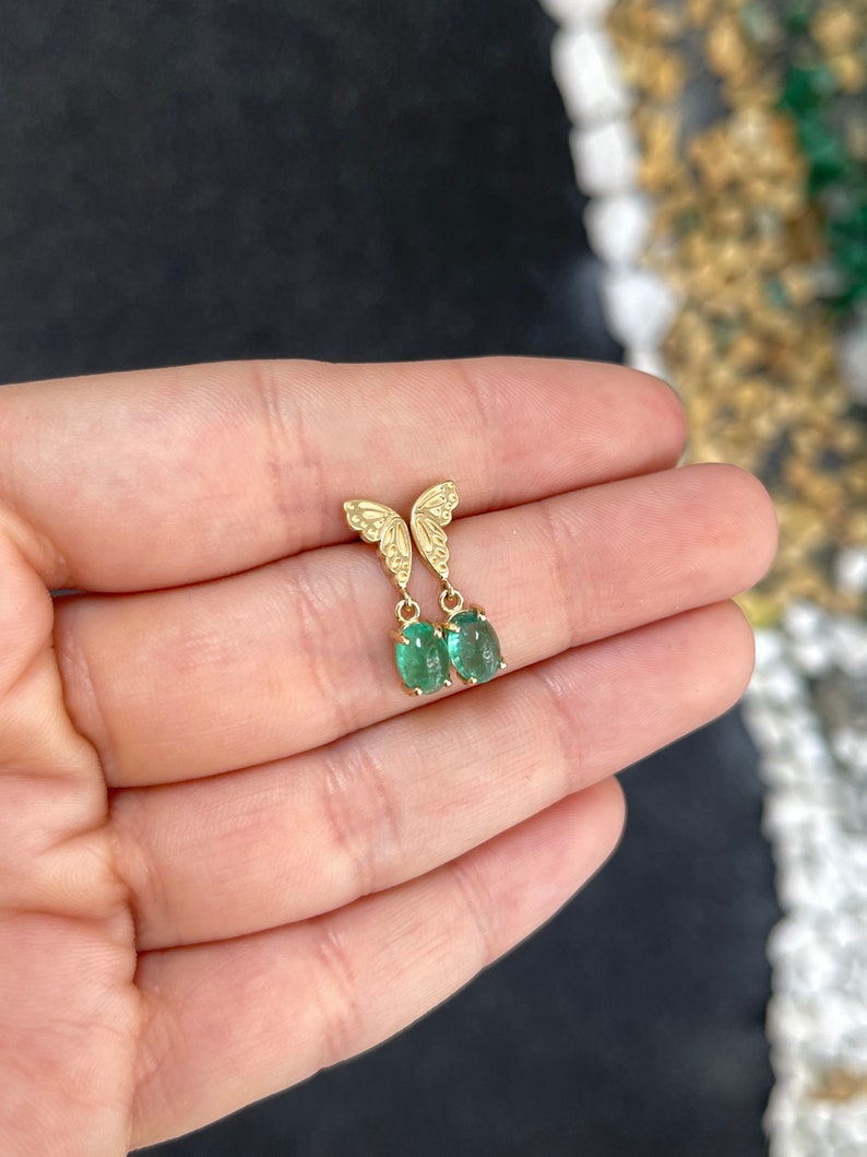 2.05tcw 14K Gold Green Oval Cabochon Emerald Half Butterfly Dangle Earrings for Women - Elegant Jewelry Gift for Wedding, Party & Special Occasions