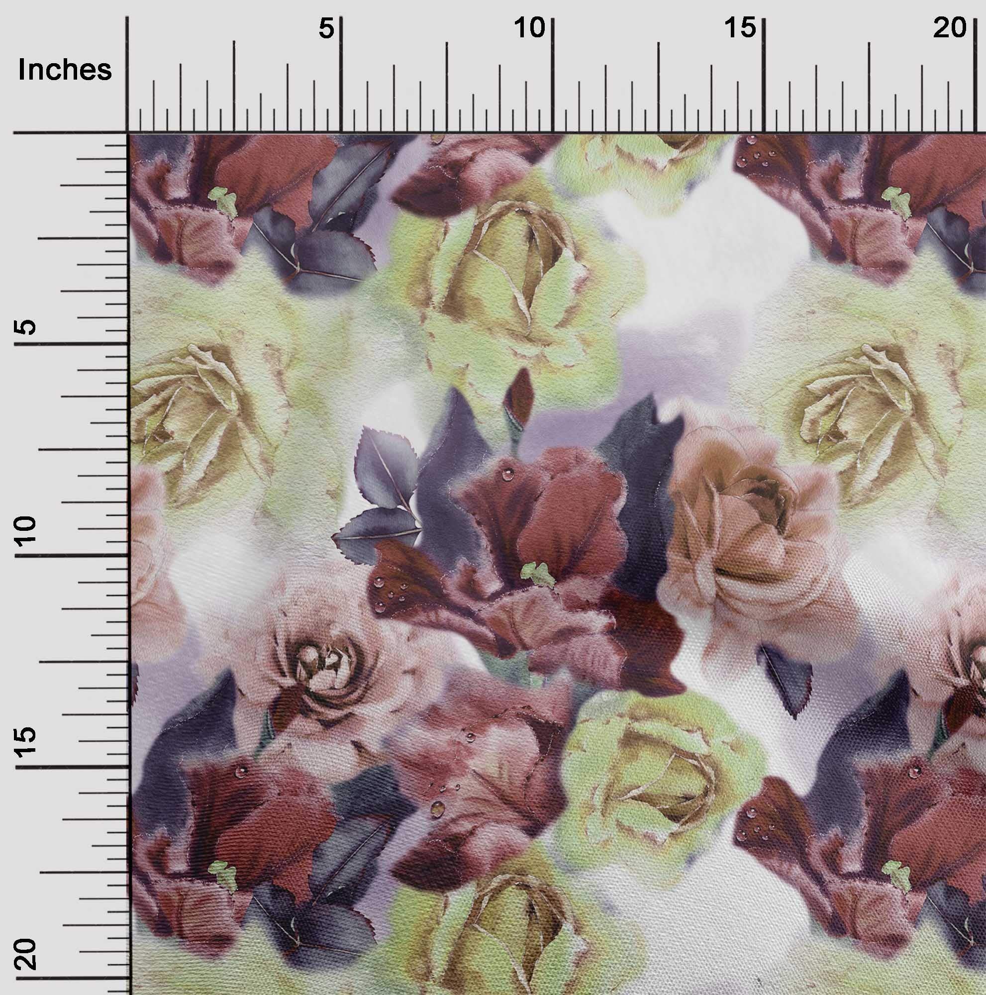oneOone Silk Tabby Dark Rose Brown Fabric - Leaves & Rose Watercolor Dress Material, 42 Inch Wide by The Yard | Perfect for DIY Dresses, Scarves, and Home Decor Projects