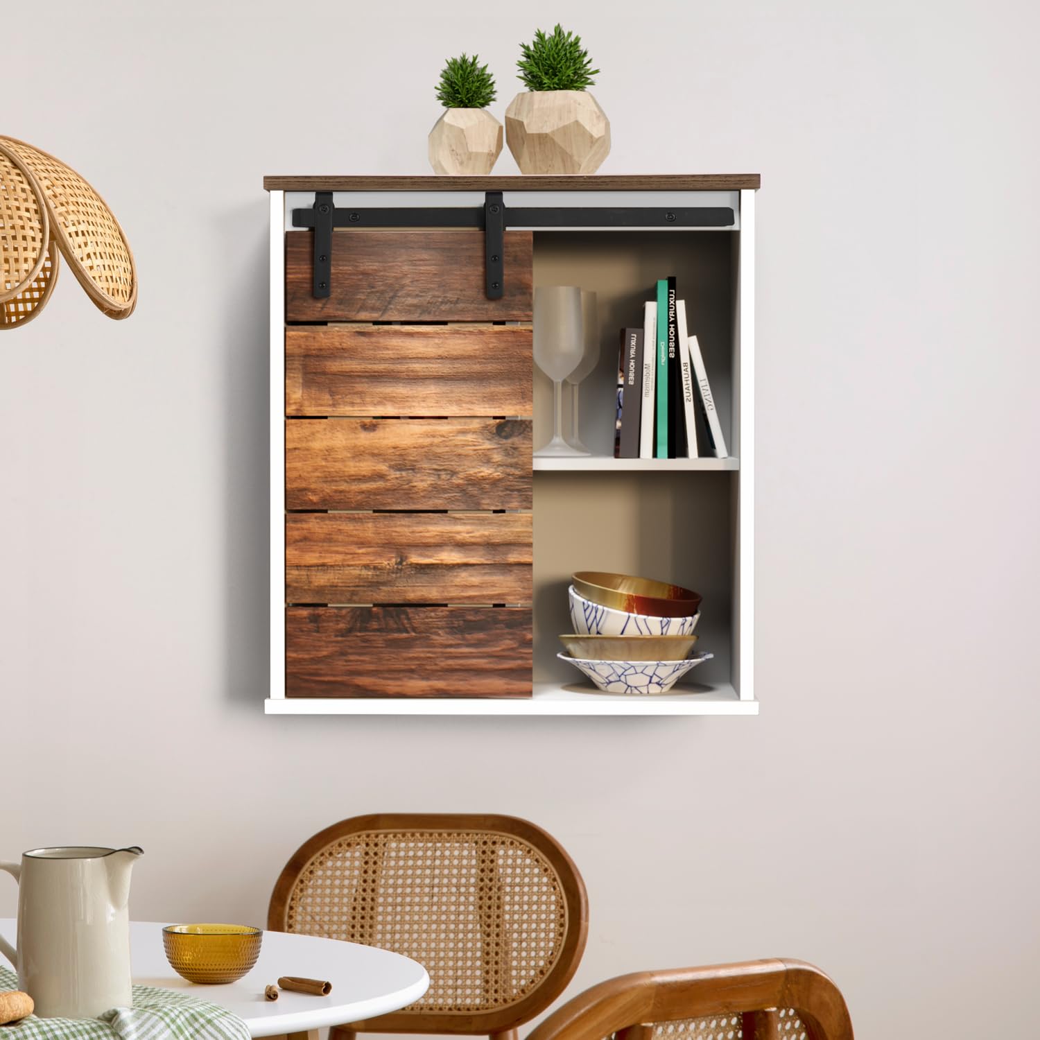 Farmhouse Wall Mounted Storage Cabinet with Sliding Barn Door - White Bathroom Medicine Cabinet for Bathroom, Kitchen & Living Room | Space-Saving Organizer for Toiletries, Cosmetics & Home Essentials