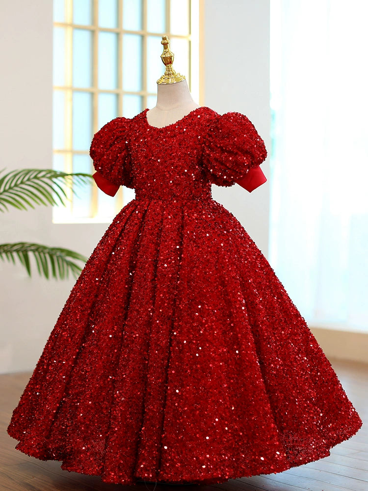 Burgundy Princess Round Floor Length Sequined Flower Girl Dress - Perfect for Weddings, Pageants & Special Occasions