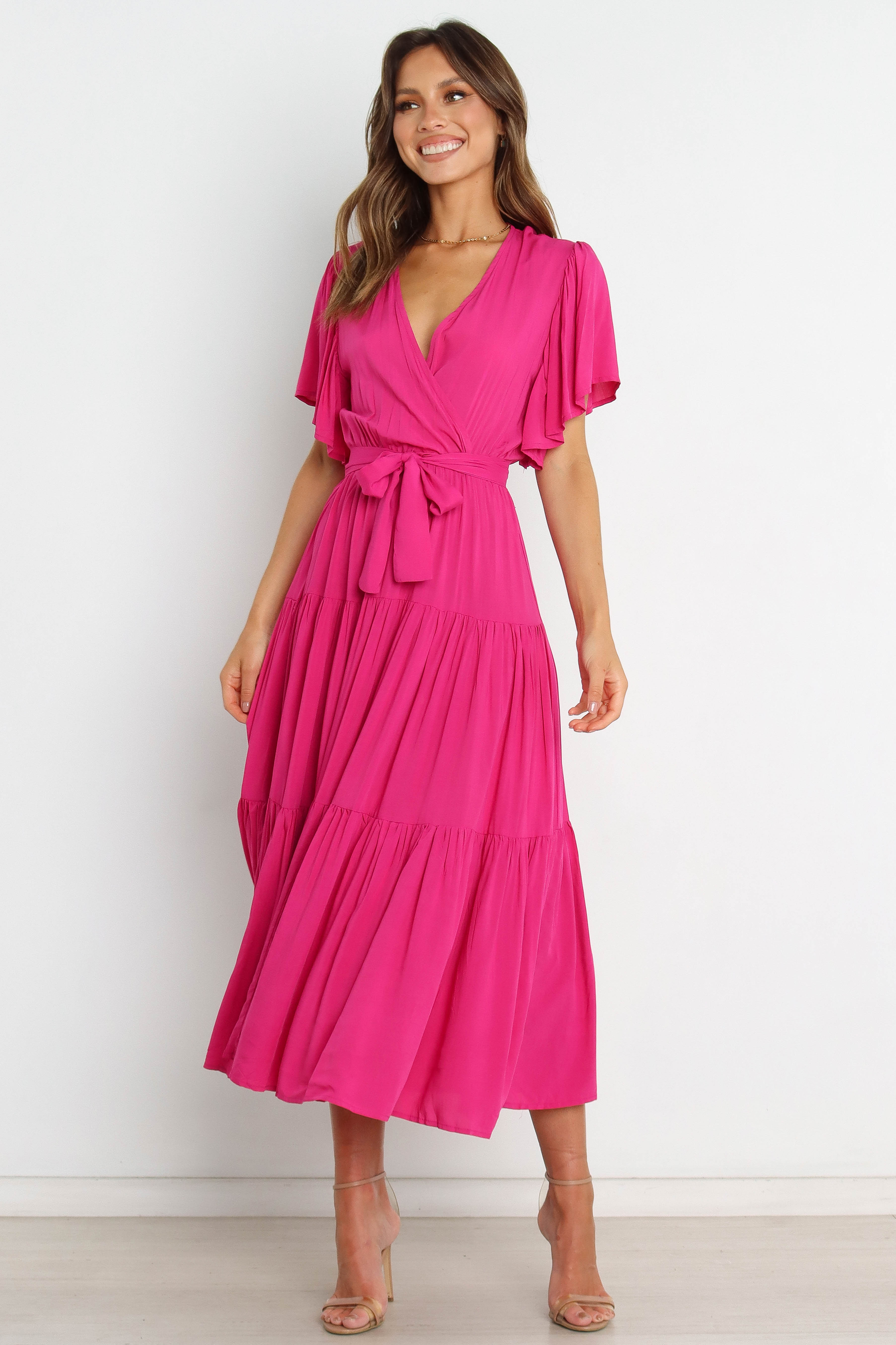 Barker Dress in Pink - Elegant Women's Floral Midi Dress for Casual Outings, Dates, and Summer Parties
