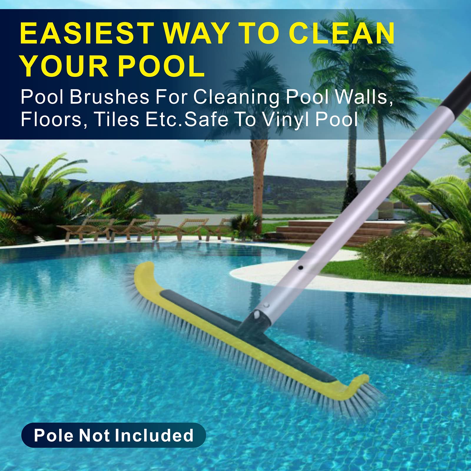 Heavy Duty Pool Brush with Aluminum Handle & Nylon Bristles - EZ Clip Design for Cleaning Pool Walls, Steps, Corners & Inground Pools - Perfect for Weekly Maintenance and Deep Cleaning
