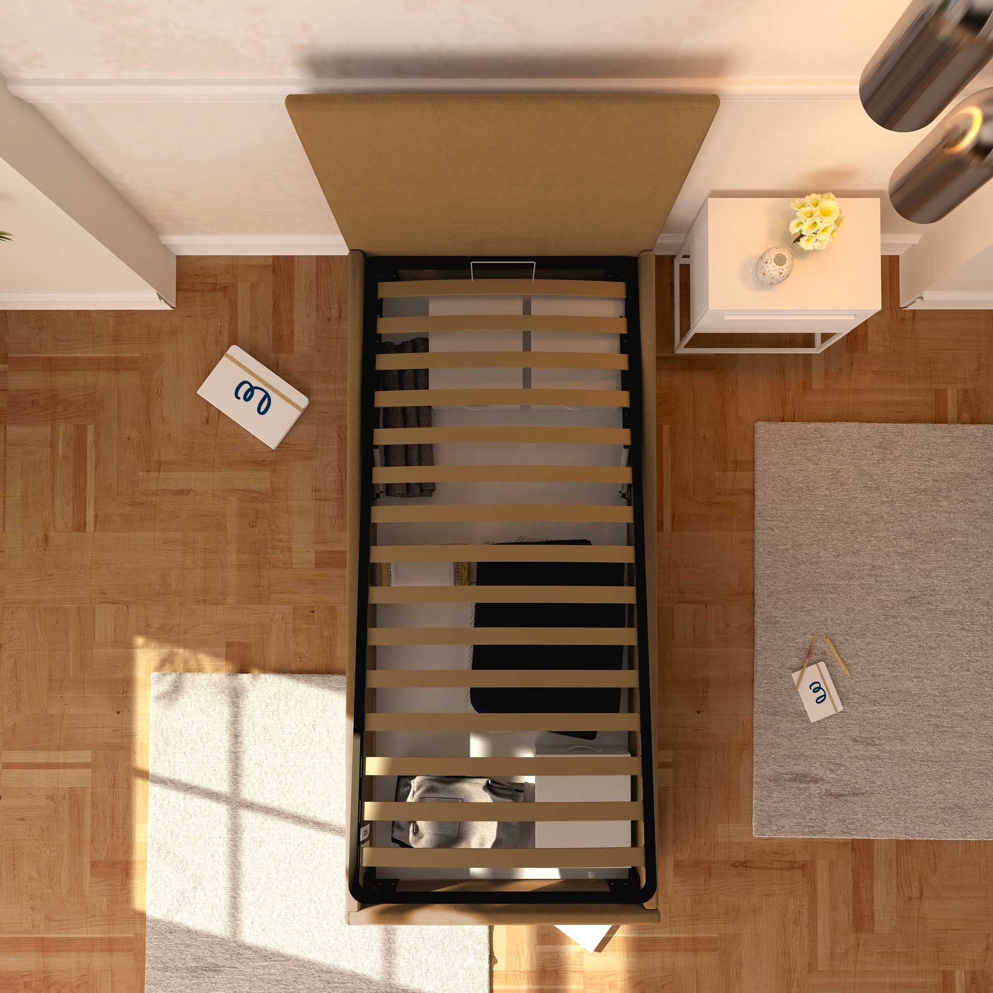Baldiflex Rossano Single Bed Frame with Storage, Synthetic Leather Upholstery, Slatted Base for Single Mattress, 90 x 200 cm, Elegant Headboard, Light Brown - Perfect for Small Bedrooms, Guest Rooms & Studio Apartments