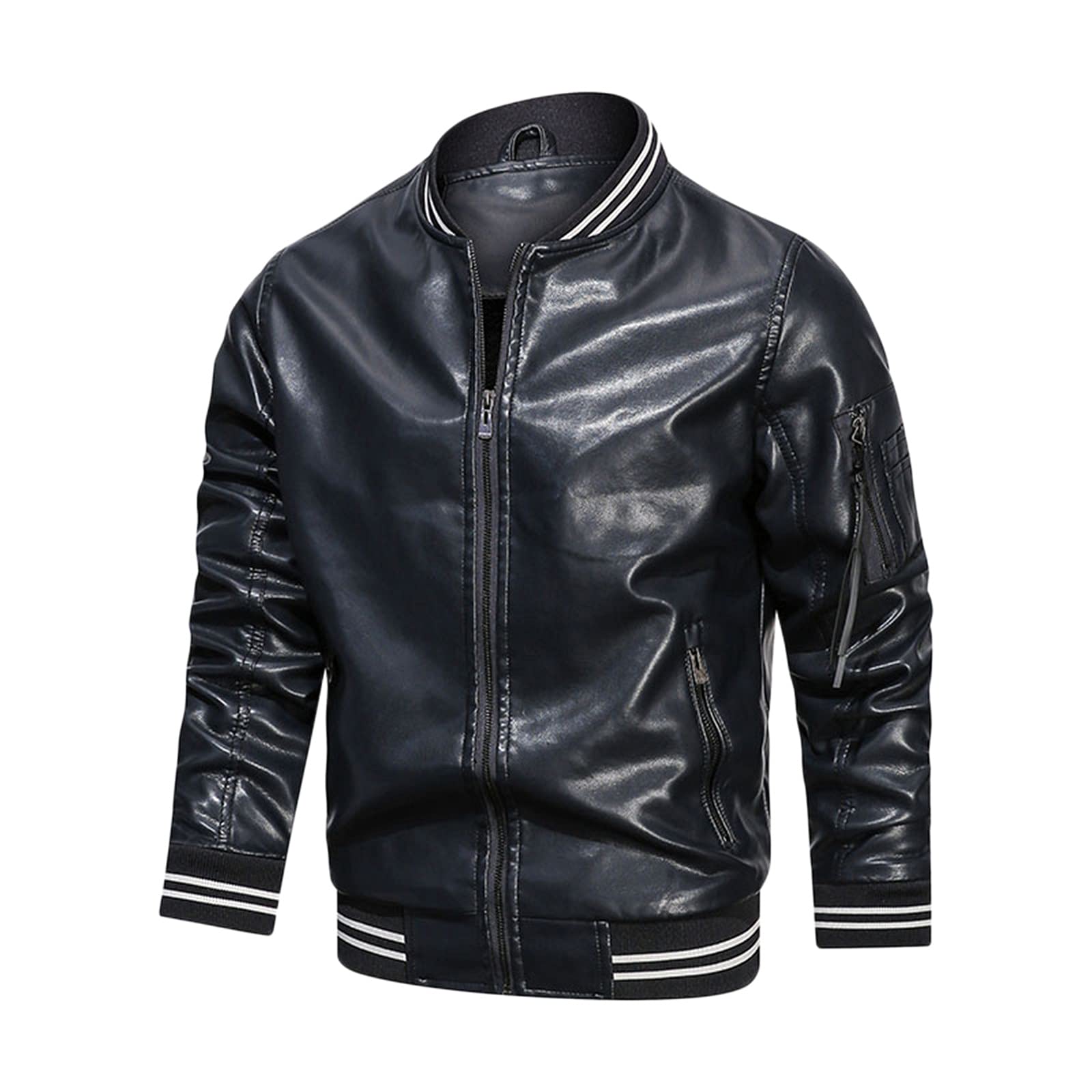 Men's Green Leather Jacket with Zipper & Stand Collar - Stylish Casual Coat with Pockets for Outdoor Activities & Daily Wear