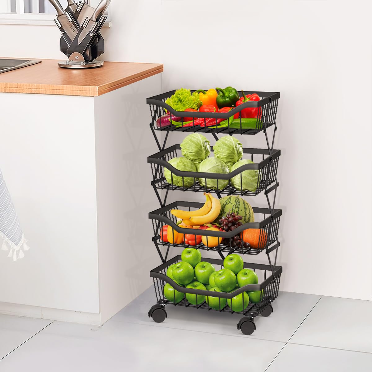 4-Tier Stackable Metal Wire Fruit & Vegetable Storage Basket with Wheels - Kitchen, Living Room, Dining Room, Office Organizer Cart (Black) | Perfect for Fresh Produce Display & Space-Saving Storage