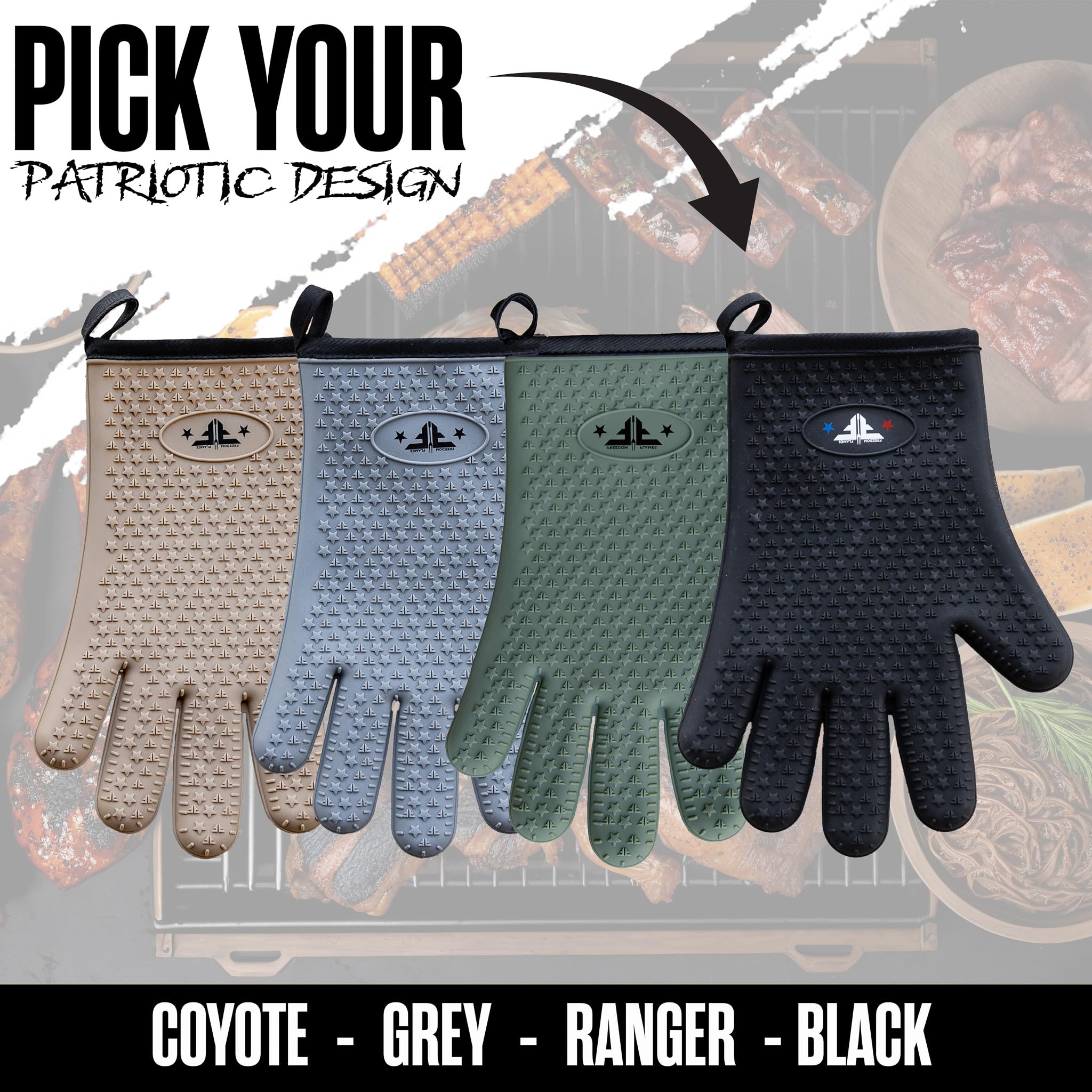 Heat Resistant Silicone Oven Mitts & BBQ Gloves - Waterproof, Easy Clean Cooking Gloves for Grilling, Baking, Smoker Pit & Kitchen Use - Perfect for Outdoor BBQ, Camping & Home Cooking (Black)