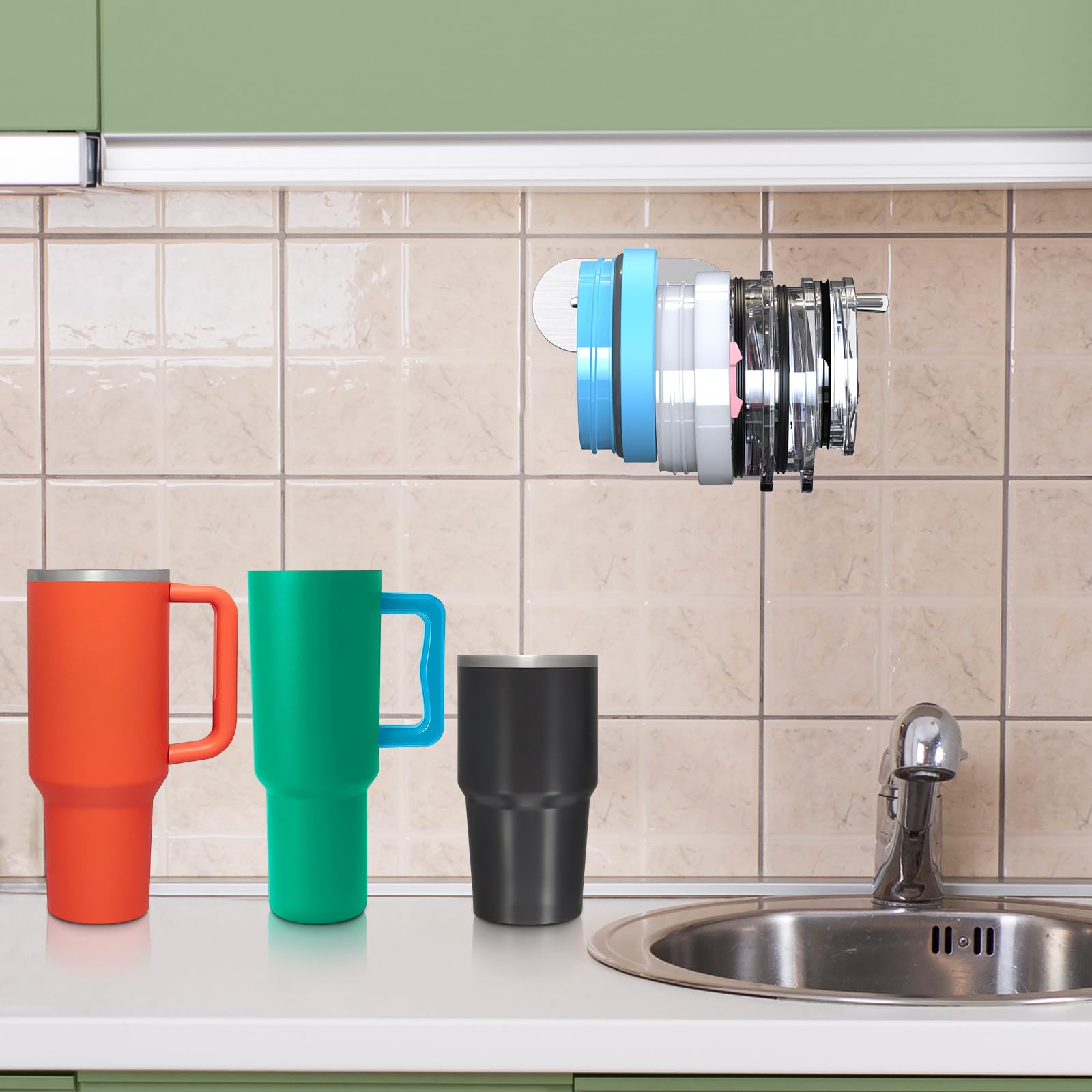 Yoelike Under Cabinet Tumbler Lid Organizer - Storage Hook for Yeti, Stanley, Simple Modern, Owala, Tervis & Starbucks Cups - Self-Adhesive Water Bottle Lid Holder - Perfect for Kitchen, Office & RV Organization