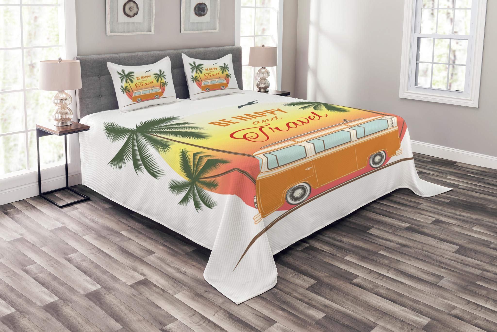 Ambesonne Retro Surf Van Bedspread Set - Queen Size 3-Piece Quilted Coverlet with 2 Pillow Shams, Orange & Green Hippie Travel Design for Beach & Camping Decor, Perfect for Bedroom, Guest Room & Dorm