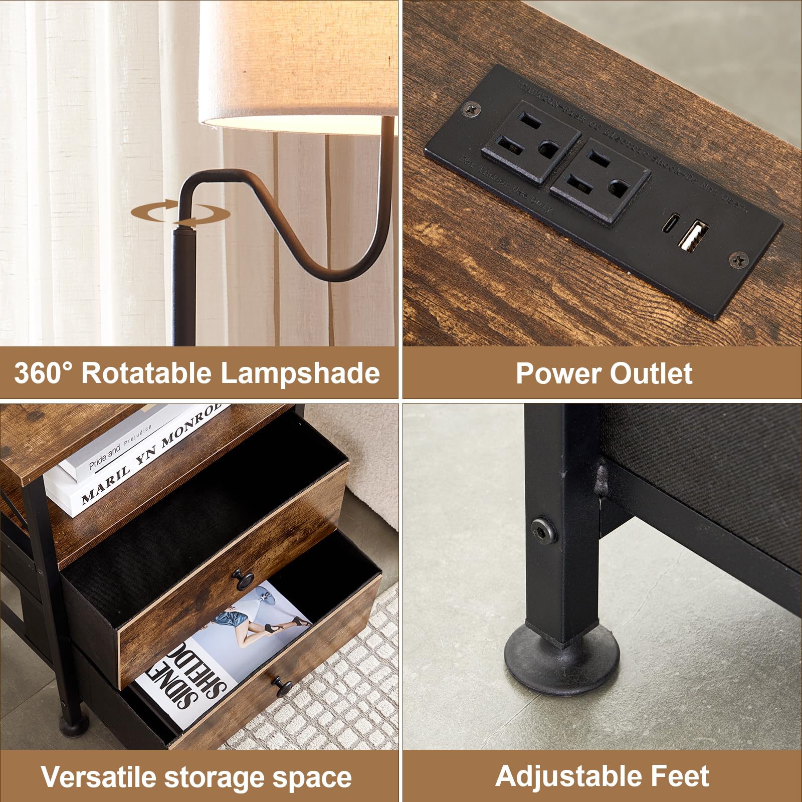 LOKHOM Rustic End Table with Built-in Lamp & USB Type-C Charging - Nightstand with 2 Outlets, 2 Fabric Drawers - Multi-Functional Side Table for Bedroom, Living Room | Perfect as Bedside Lamp, Reading Light & Charging Station