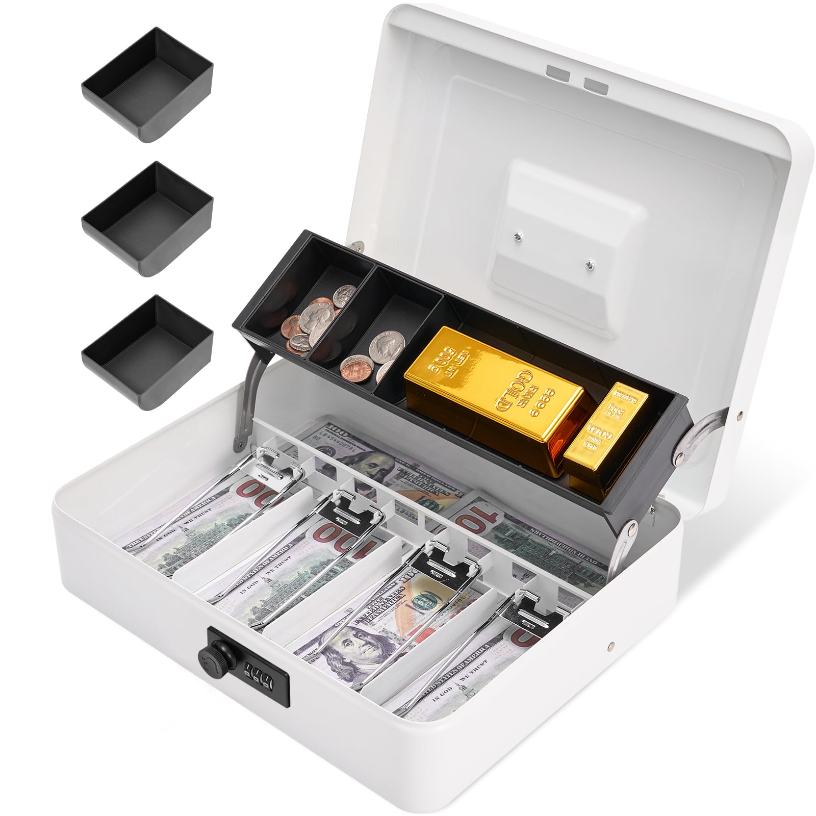 Metal Cash Box with Combination Lock - Secure Money Safe Box with Cash Tray, 4 Bill & 5 Coin Slots (11.8x9.5x3.5 Inches, White) - Perfect for Retail Stores, Home Savings & Office Cash Management