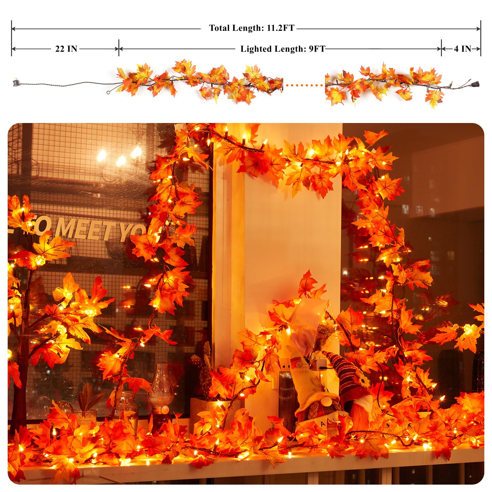 9FT Plug-in Thanksgiving Lights - 50 Bulbs Maple Leaves Fall Garland for Indoor & Outdoor Decor | Connectable Autumn Lighting for Halloween, Thanksgiving, Holiday Parties & Seasonal Home Decorations