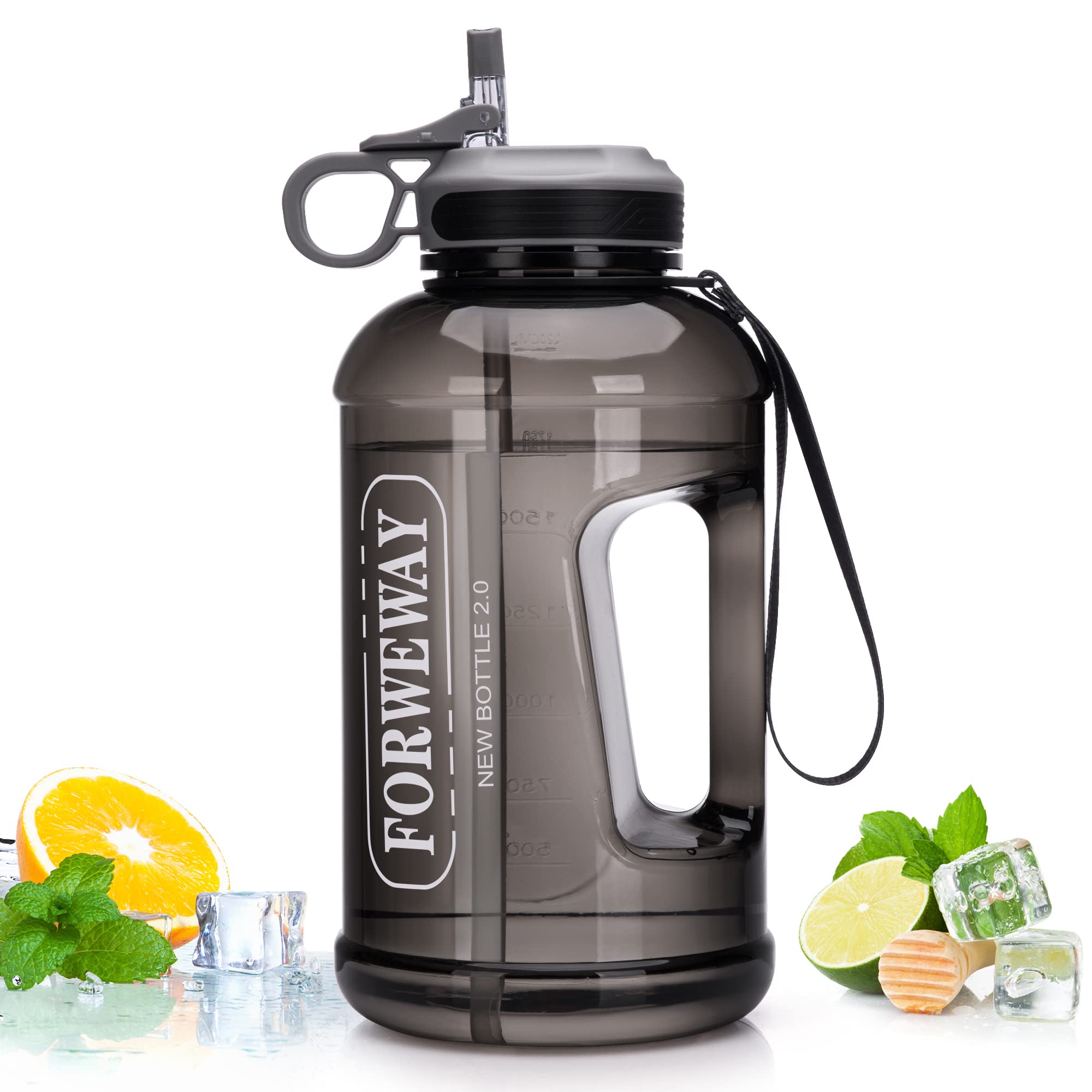 **2.2L (74oz) Large Half Gallon Water Bottle with Straw & Handle - Leakproof, BPA Free Sports Water Jug for Camping, Hiking, Gym & Outdoor Activities (Black)**