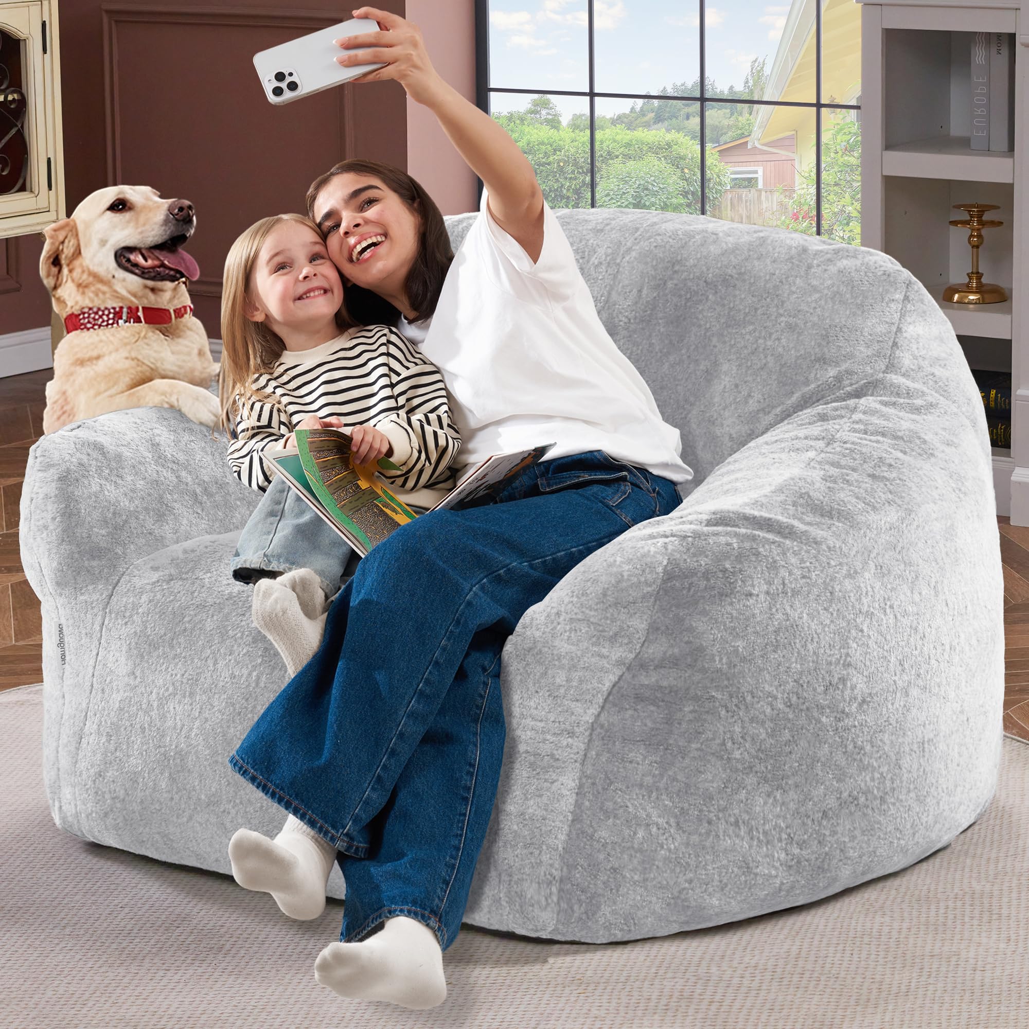 Homguava Giant Bean Bag Chair - High-Density Foam Filled Oversized Lazy Sofa with Armrests for Adults - Comfortable Lounge Chair for Living Room, Bedroom, Game Room & Dorm (Light Grey) - Perfect for Relaxing, Gaming & Movie Nights