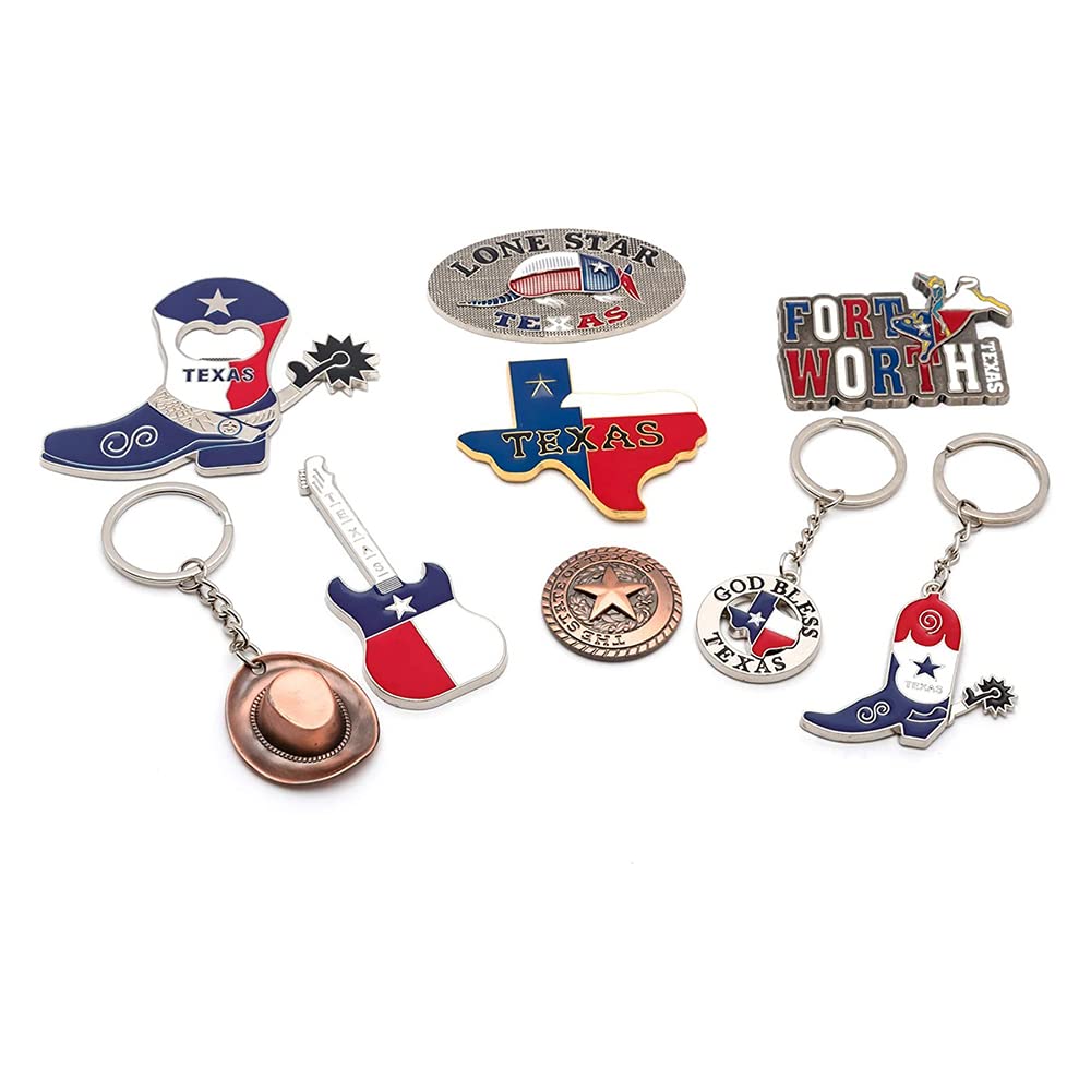 Texas Souvenir Gift Set - 9 Piece Collectible Bundle with 6 Metallic Fridge Magnets & 3 Keychains | Perfect for Fort Worth Travel Memories, Home Decor & Texas Pride Gifts