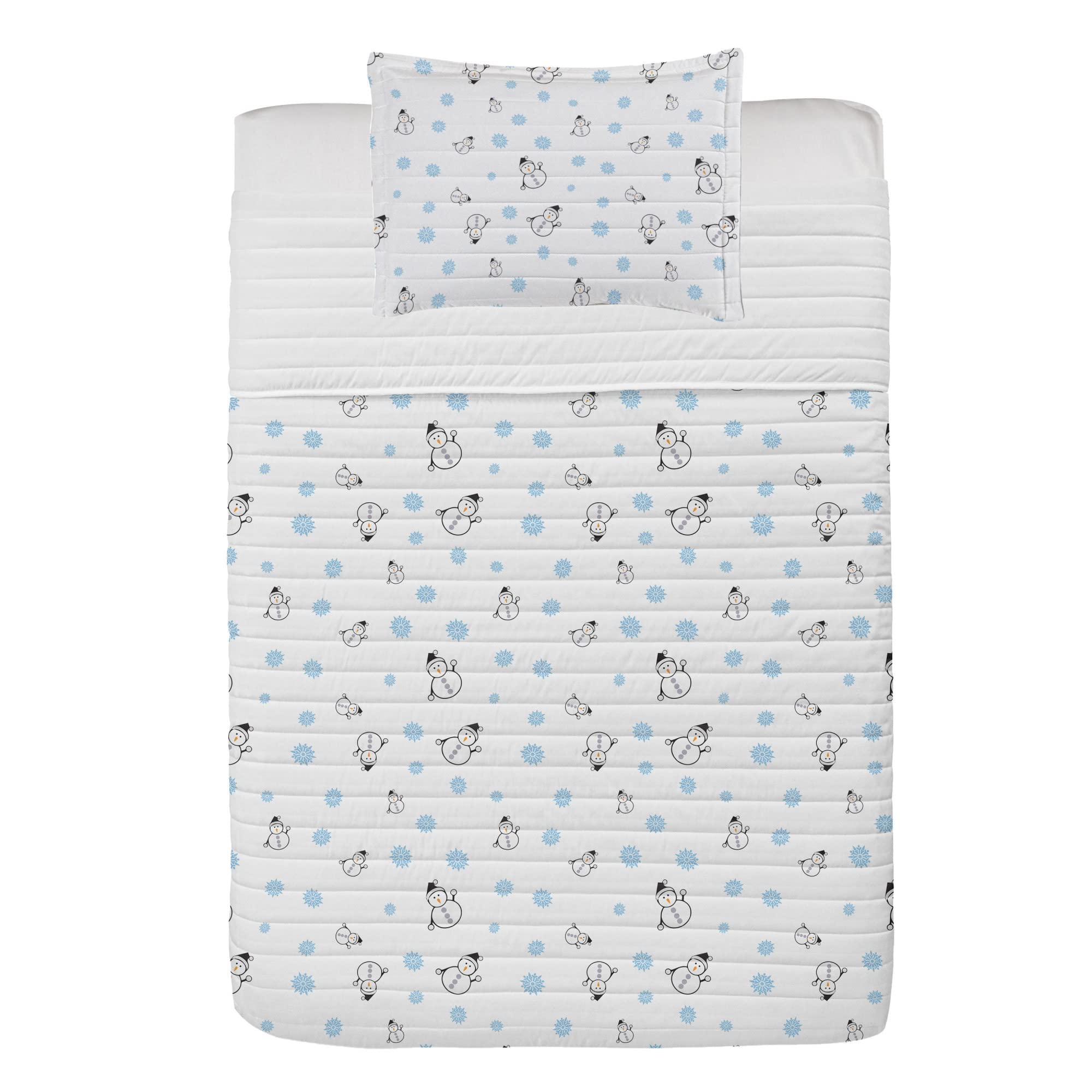 Ambesonne Winter Microfiber Bedspread Set - Funny Cartoon Snowmen & Snowflakes Pattern Twin Size Bedding with Pillow Sham & Comforter | Soft Pale Blue Grey White | Cozy Holiday Bedroom Decor for Christmas Season