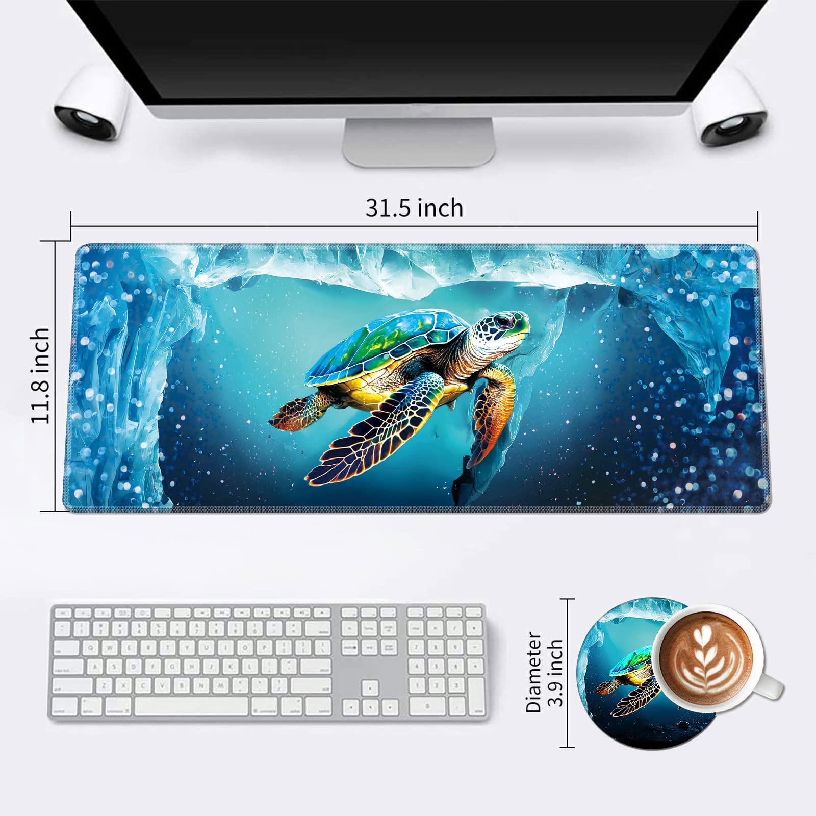 Premium XXL Gaming Mouse Pad (31.5x11.8 Inch) - Extended Non-Slip Desk Mat with Stitched Edges for Keyboard & Mouse | Waterproof Turtle Underwater Design | Perfect for PC Gaming, Office Work & Home Computer Setup