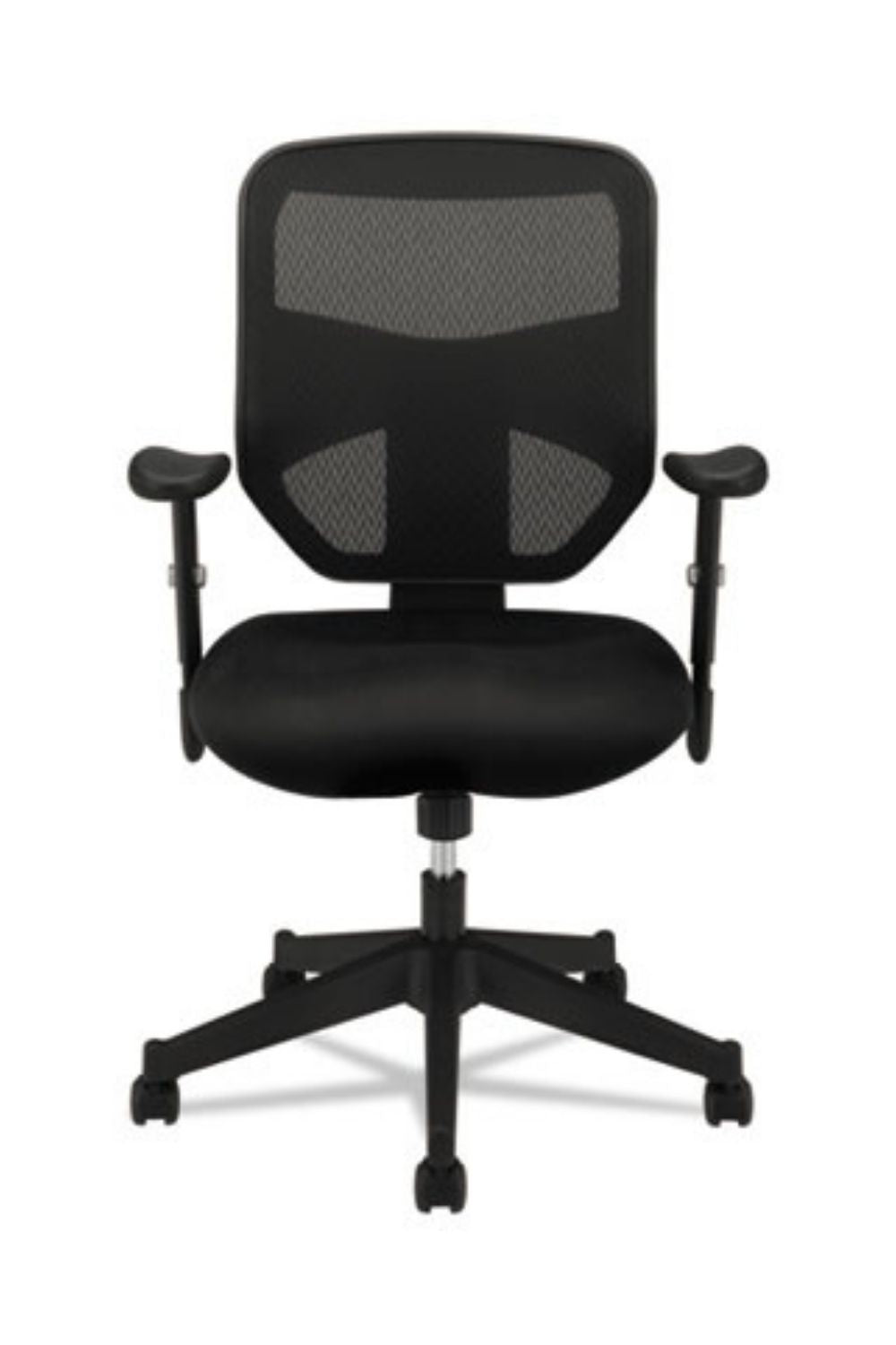HON Prominent Mesh High Back Ergonomic Office Chair with Adjustable Arms & Center Tilt - Black Leather/Fabric Seat for Home & Business Workspaces