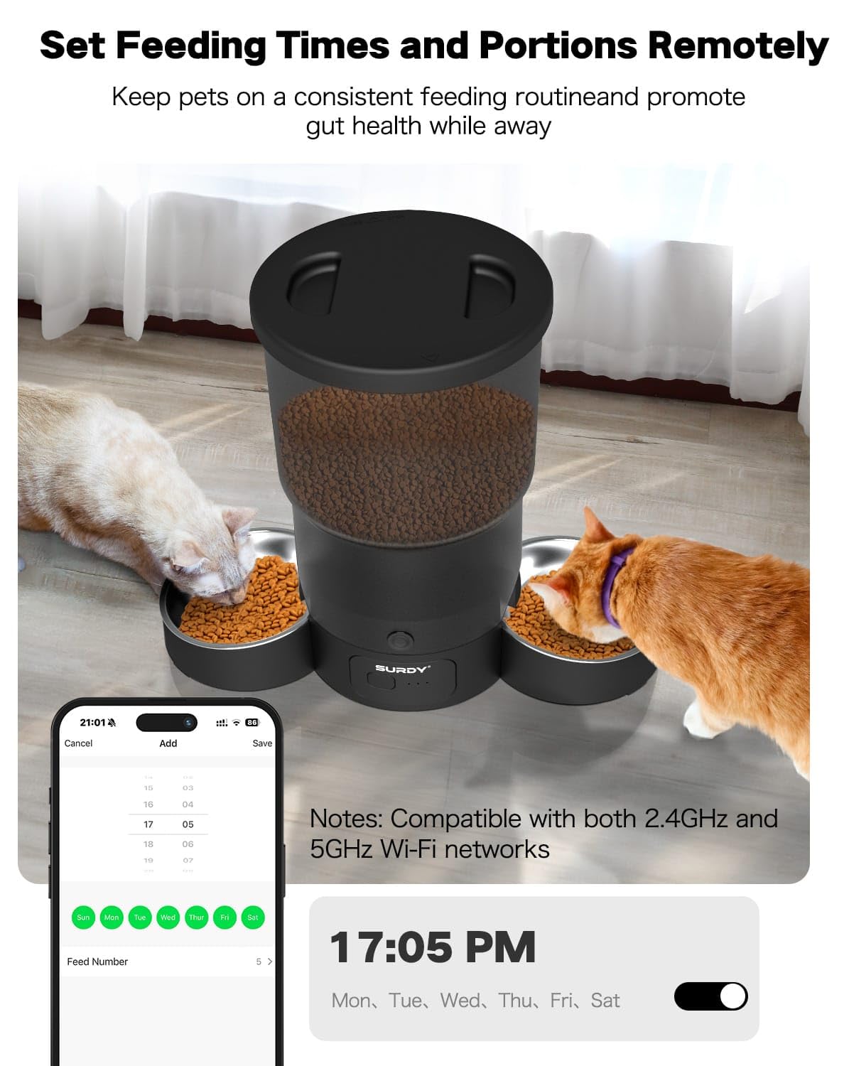 Smart Automatic Cat Feeder with 5G WiFi & App Control - 6L Food Dispenser for 2 Cats, Remote Feeding & Scheduling - Perfect for Travel, Workdays & Multi-Pet Homes