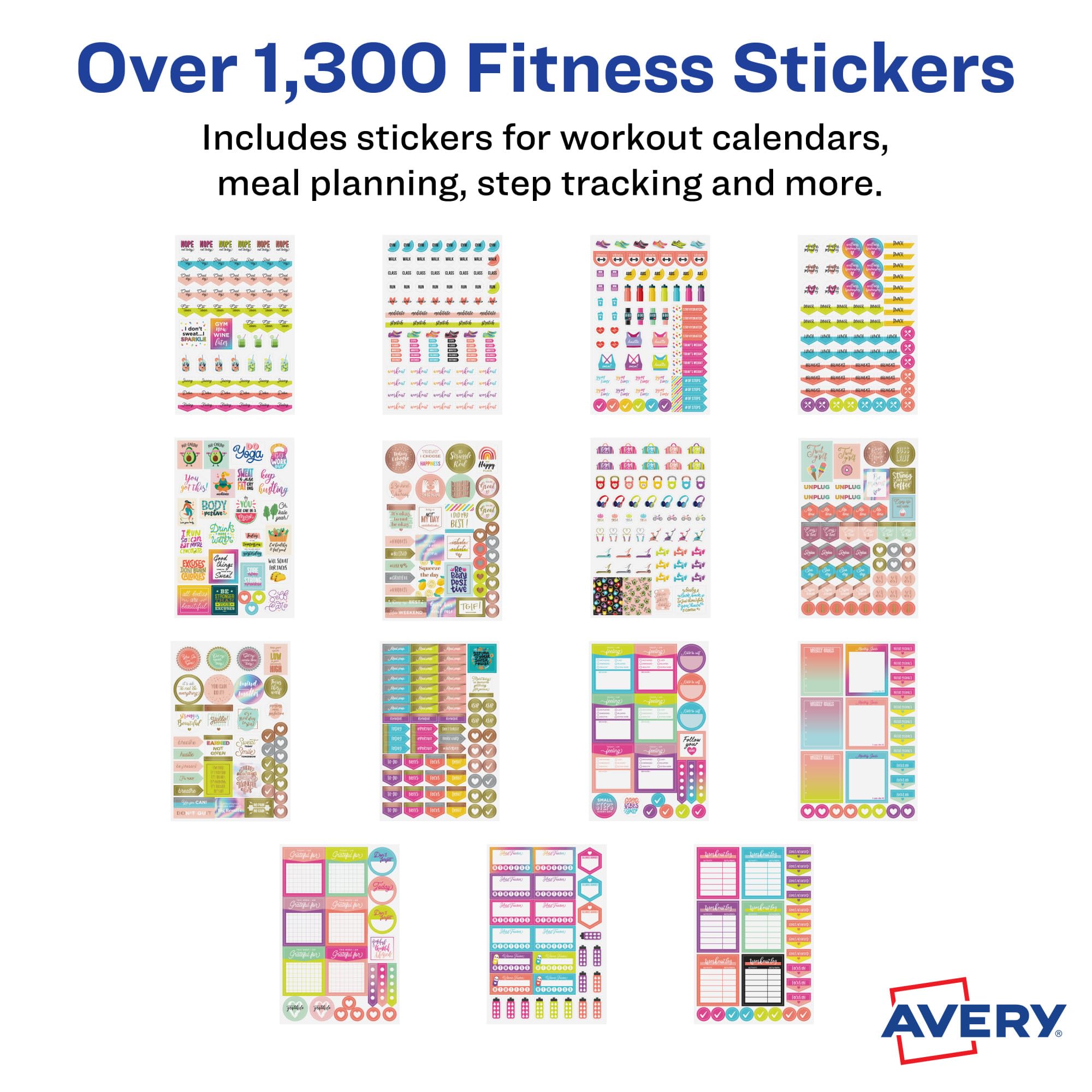 Avery Fitness Planner Stickers Pack - 1,362 Health & Workout Stickers for Planners, Journals, Calendars | 30 Sheets Motivational Sticker Set (6787) | Perfect for Fitness Tracking, Goal Setting & Bullet Journaling