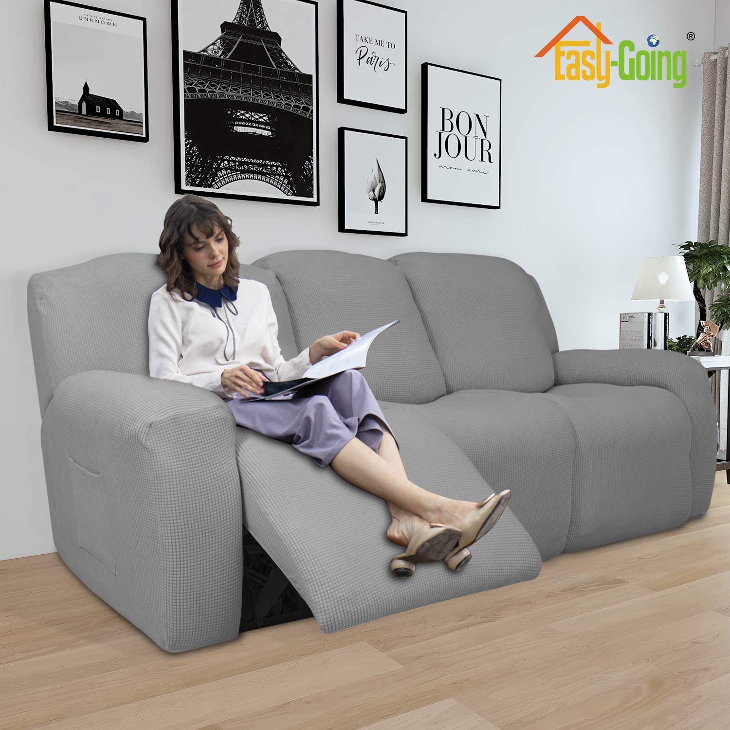 8-Piece Stretch Recliner Sofa Slipcover Set - Soft Spandex Jacquard Fabric with Elastic Bottom - Light Gray Checkered Pattern - Furniture Protector for Kids & Pets - Perfect for Living Room, Family Room, and Home Theater Use