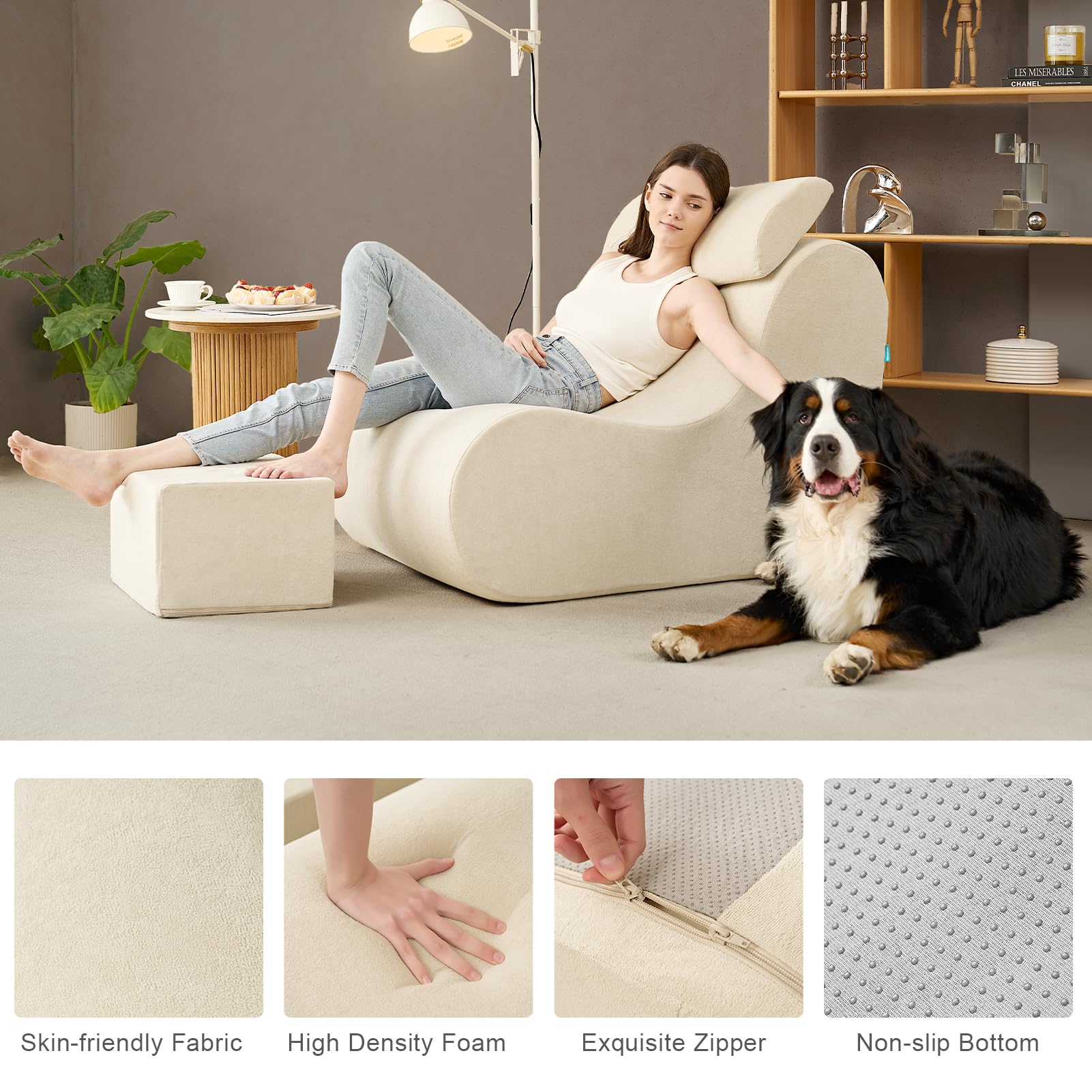 Hansleep Oversized Bean Bag Chair with Ottoman - High-Density Foam Lounge Chair with Lumbar Support, Soft Jacquard Fabric Floor Sofa for Adults - Perfect for Bedroom, Living Room, Reading Nook & Game Room - Beige Cozy Seating Solution