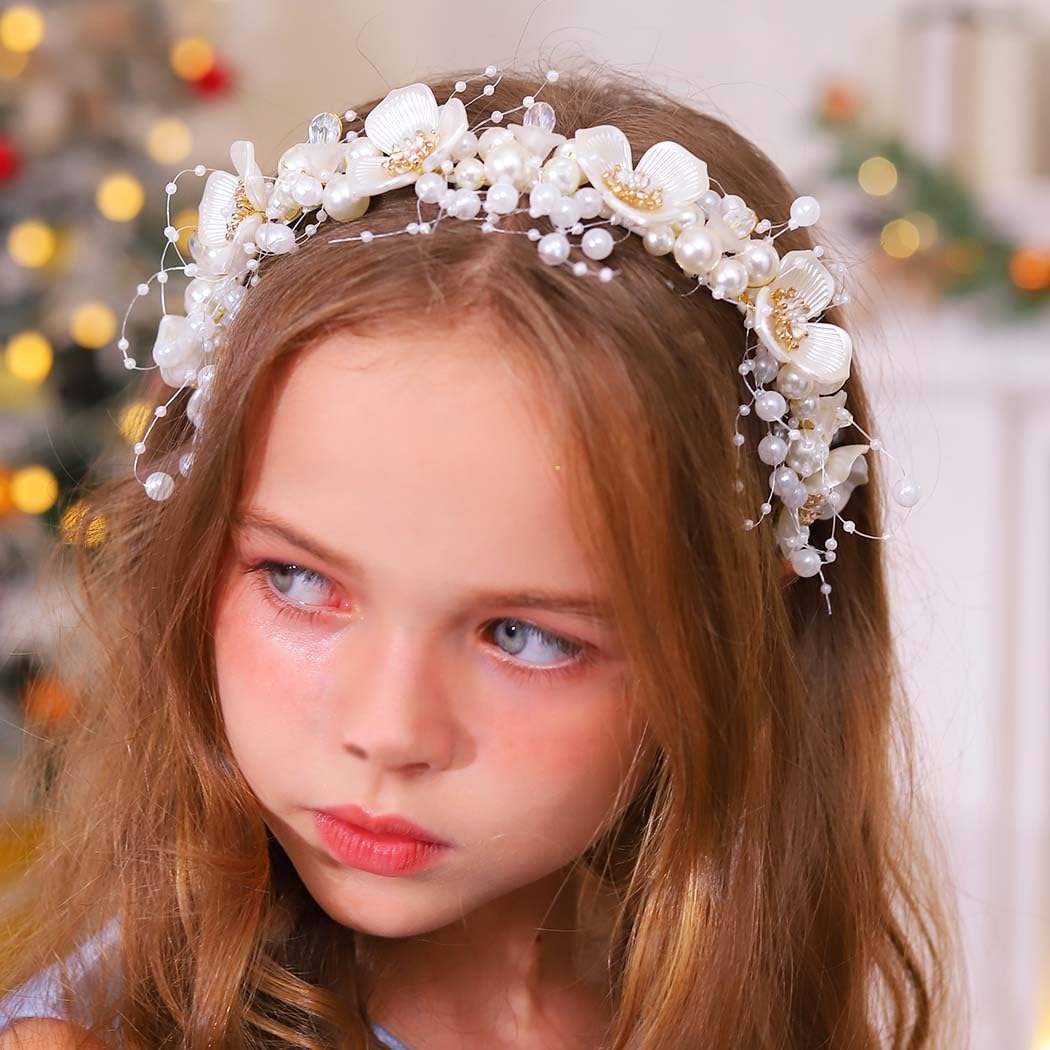 CASDRE White Pearl Flower Headband - Rhinestone Bridal Hair Hoop for Women & Girls | Wedding, Prom, Party Hair Accessories