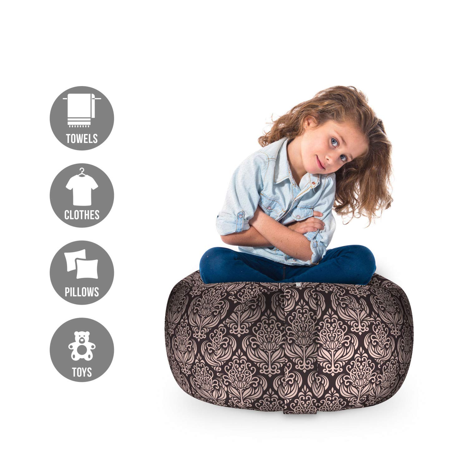 Ambesonne Damask Storage Toy Bag Chair - Byzantine Pattern Modern Design, Traditional Tile Flower Stuffed Animal Organizer, Washable Small Size in Beige & Charcoal Grey | Kids Room Decor, Nursery Storage, Playroom Organization