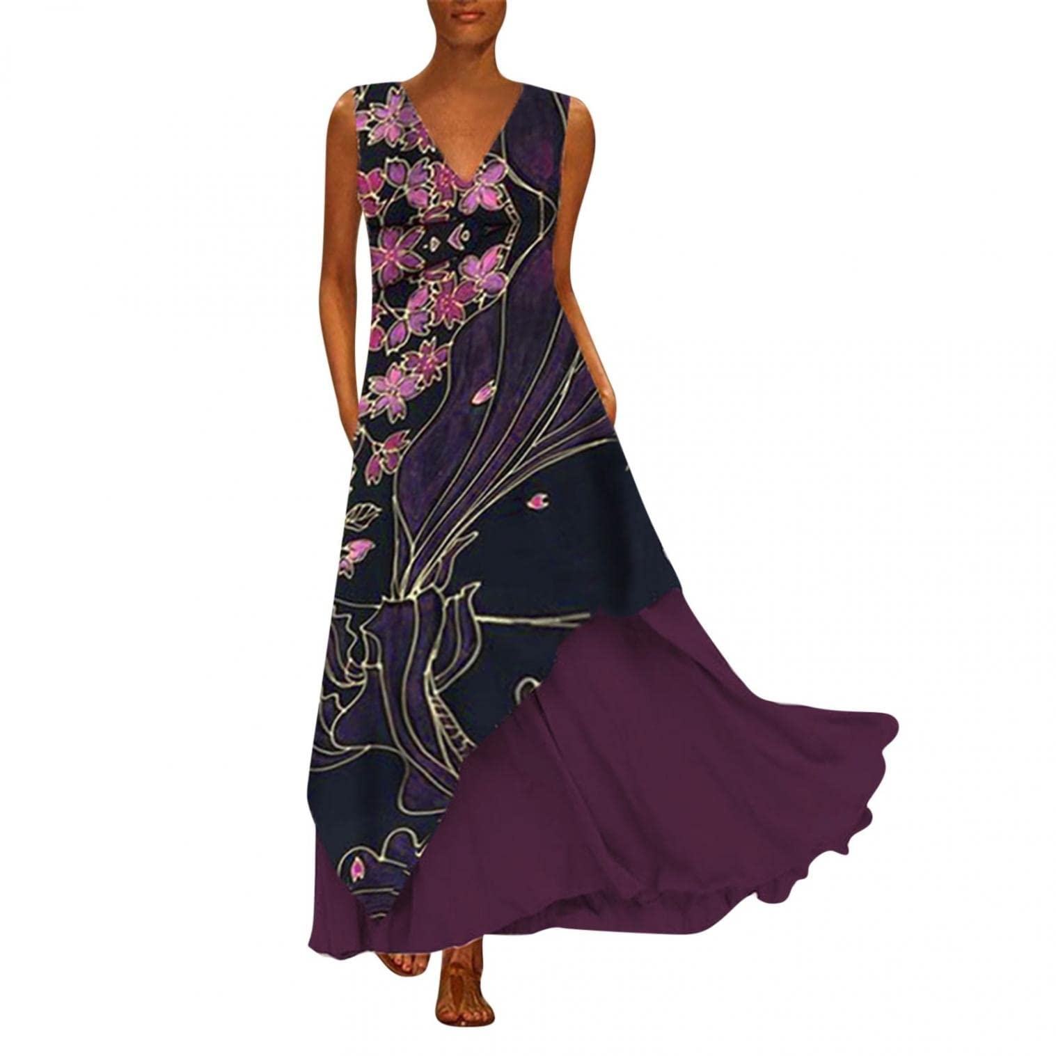 Women's Summer Beach Casual Sleeveless V-Neck Floral Maxi Dress - Plus Size Long Sundress for Vacation, Poolside & Outdoor Parties
