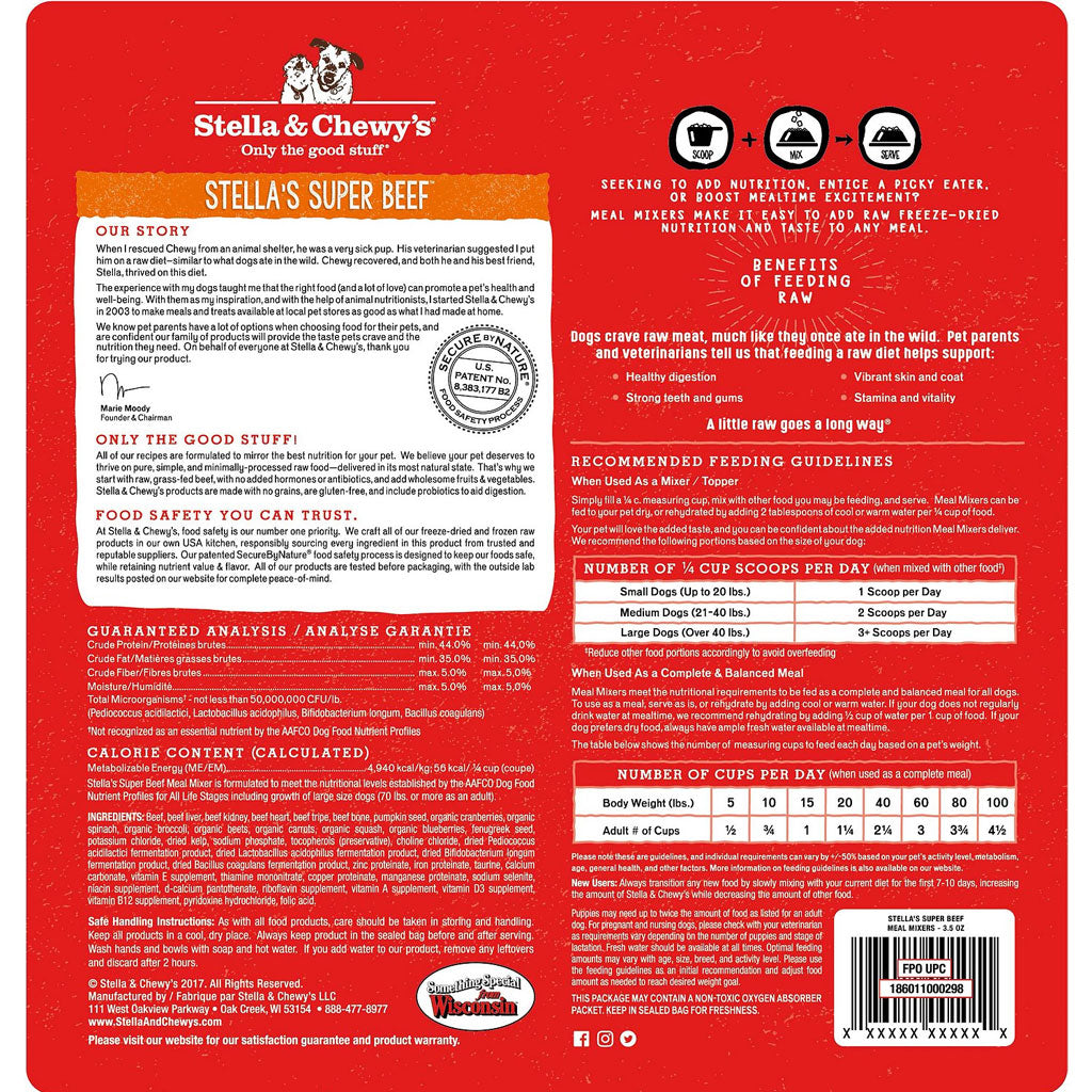Stella & Chewy's Freeze-Dried Super Beef Dinner Dog Food Topper - High-Protein Grain-Free Meal Mixer for Dogs - Perfect for Kibble Topping or Raw Food Diet Supplement