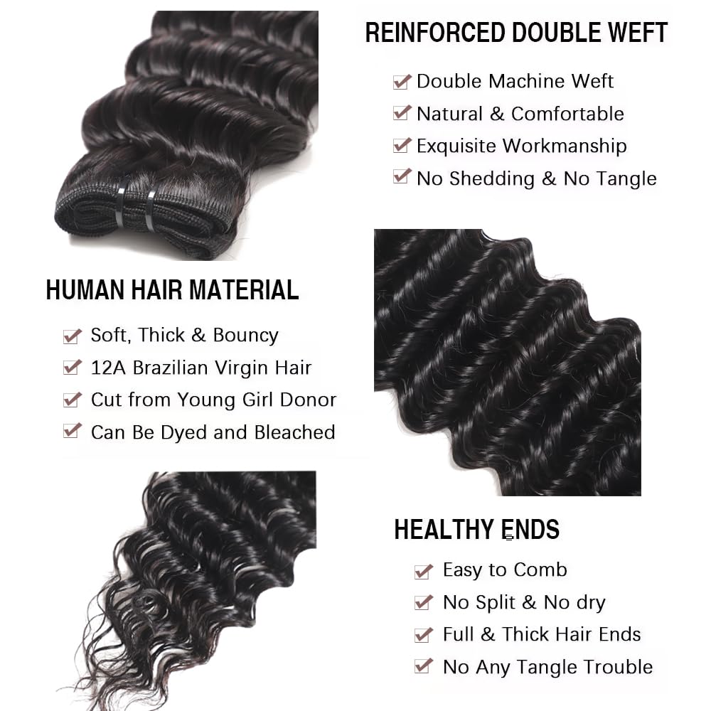 12A Deep Wave Human Hair Bundles 20 22 24 Inch - 100% Unprocessed Brazilian Virgin Hair - 3 Bundles Water Wave Weave for Natural Look - Perfect for Protective Styles, Weaves & Wigs
