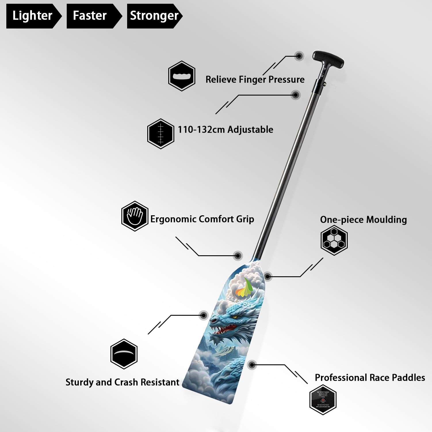 Z&J SPORT Adjustable Dragon Boat Paddle - IDBF Approved Carbon Fiber Racing Paddle with Dragon Graphic & Adjustable T-Handle for Competitive Rowing | Perfect for Dragon Boat Racing, Training, and Water Sports Enthusiasts