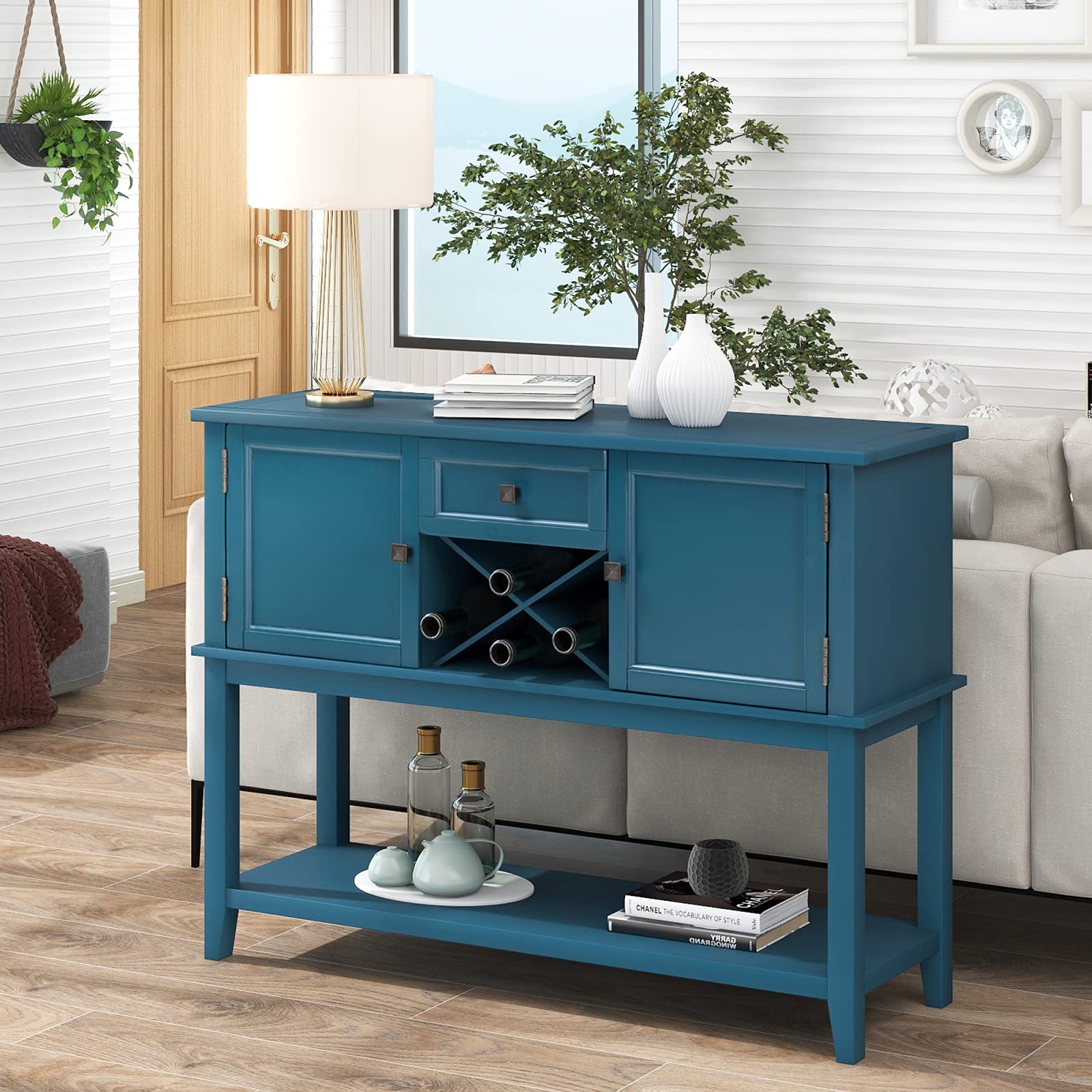 Lazyspace Navy Blue Wooden Console Table with Wine Rack & Open Shelf Storage - Stylish Buffet Sideboard for Home, Kitchen, Living Room, Dining Room, Entryway & Hallway
