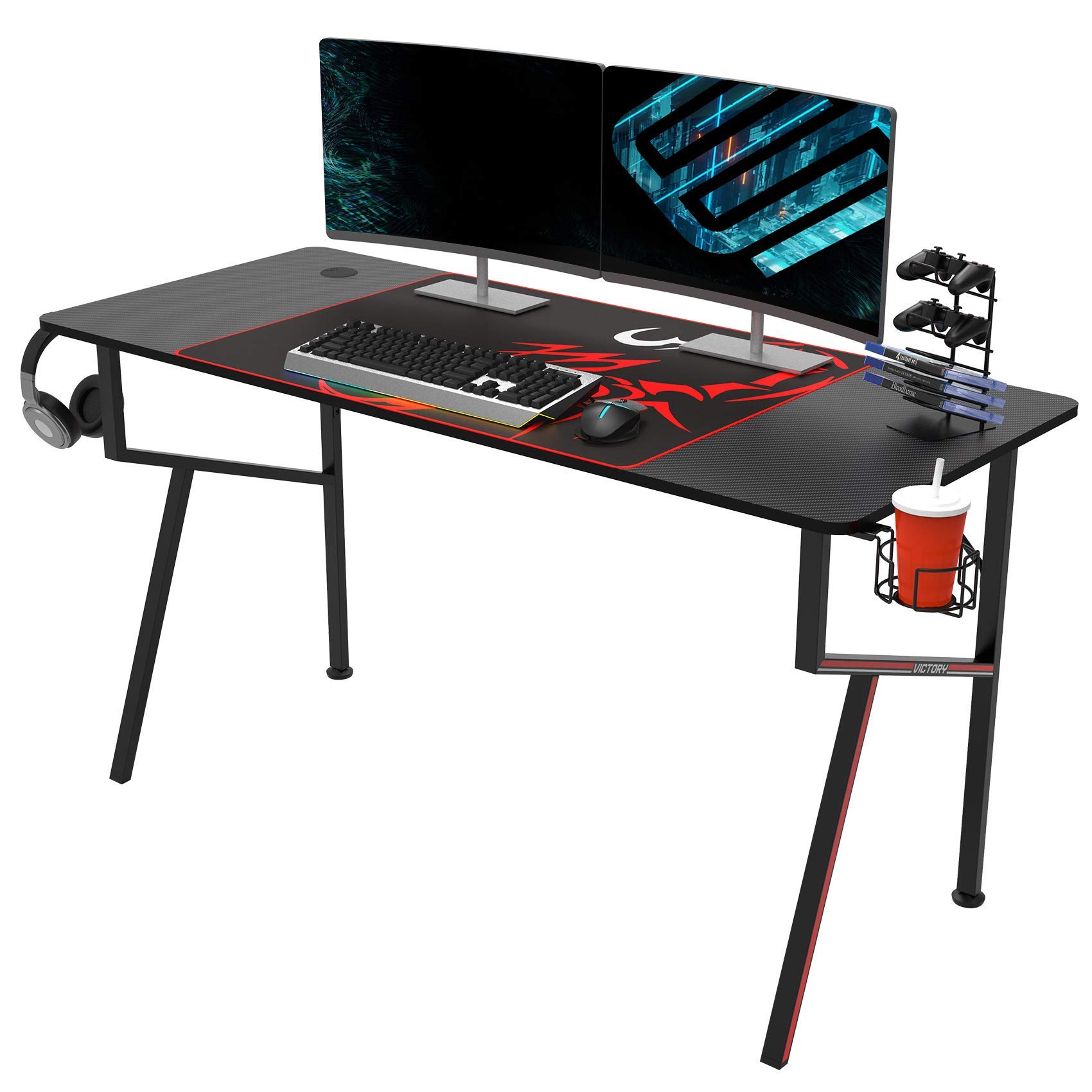 EUREKA ERGONOMIC 55 Inch Gaming Desk - Professional Gamer Workstation with Cable Management Tray, Controller Stand, Cup Holder & Headphone Hook - Black | Perfect for PC Gaming Setup, Streaming & Home Office Workstation